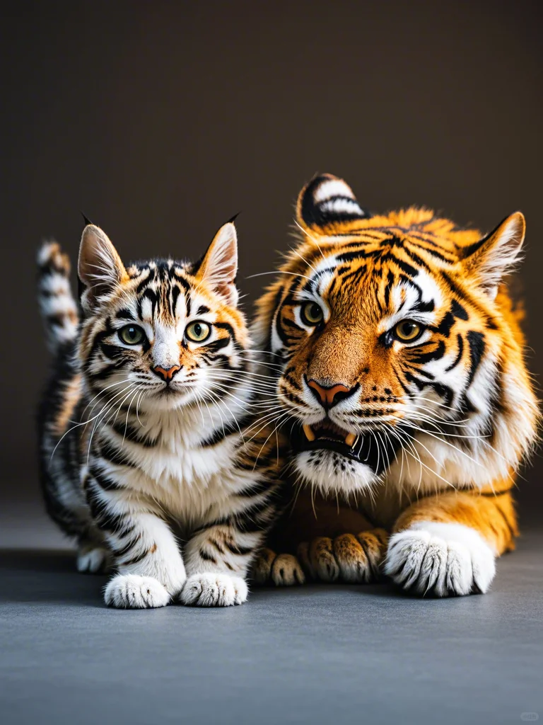 小猫和老虎,条纹相似得惊人,像不像穿同款衣服的兄弟俩?