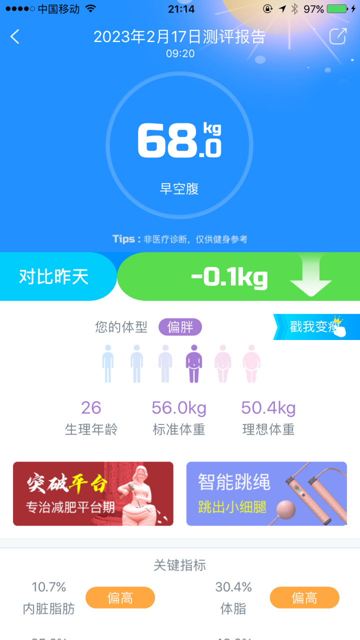 第三天(经期) 今日体重:68kg 较昨日:-0.1kg 累计减重:0.