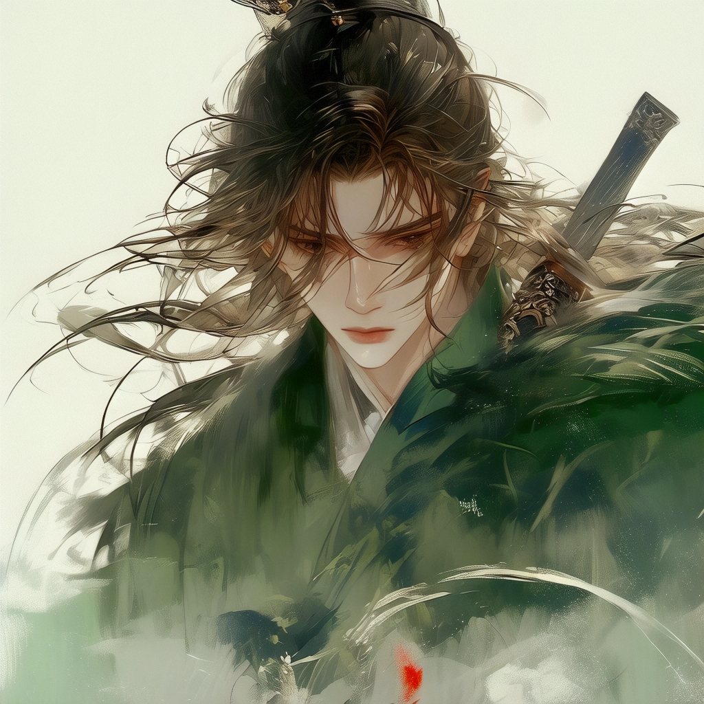 执剑少年,绿衣翩翩,风动发丝,侠气凛然.