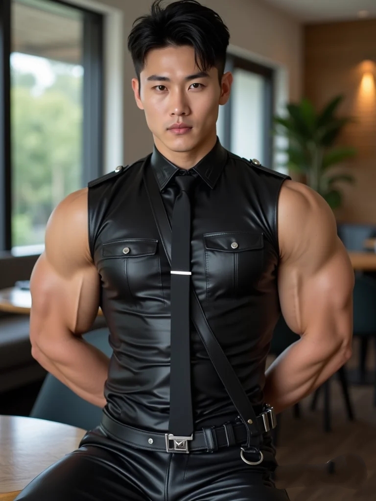 丰满肌肉,油亮皮衣露出麒麟臂,给人安全感满满#皮衣# #肌肉型男