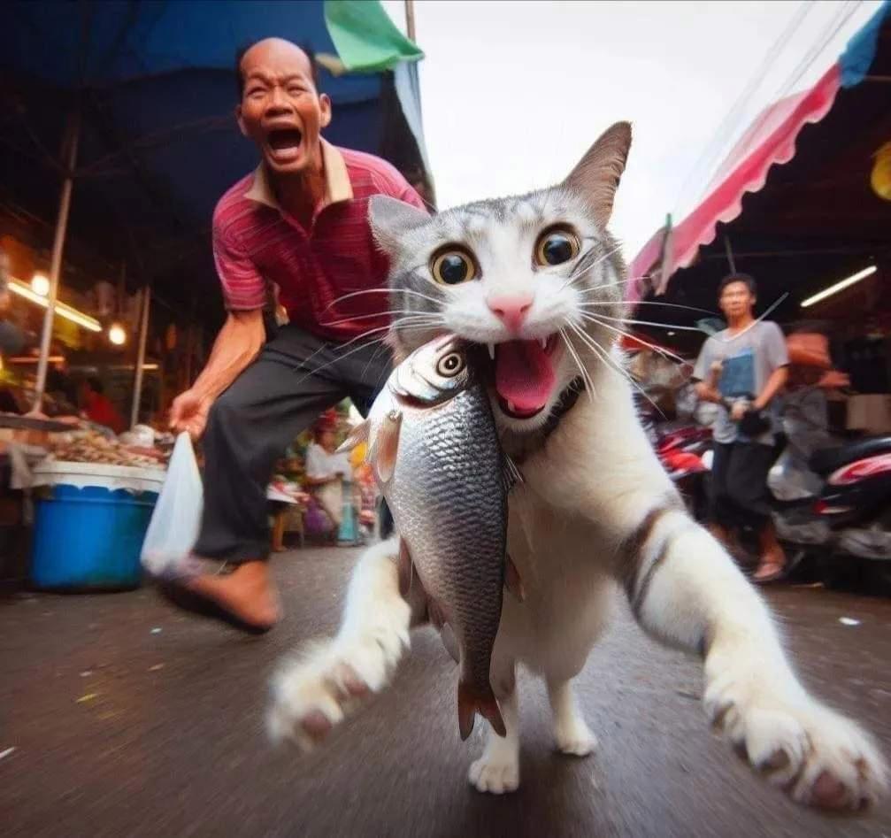 小猫吃不动大鱼图片图片