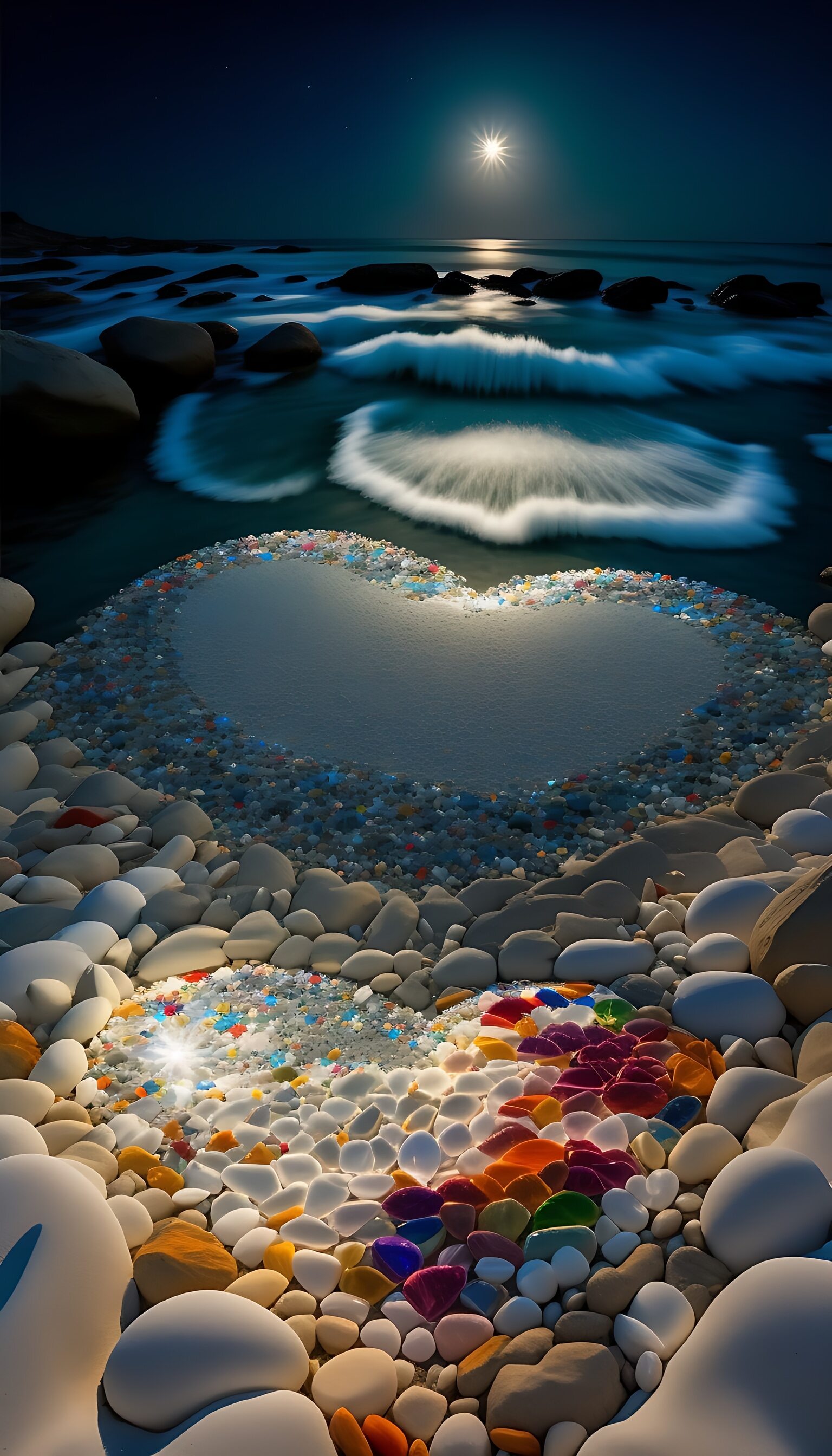 海边,月光如水,海浪轻抚着岩石和沙滩,营造出一幅宁静而浪漫的夜晚