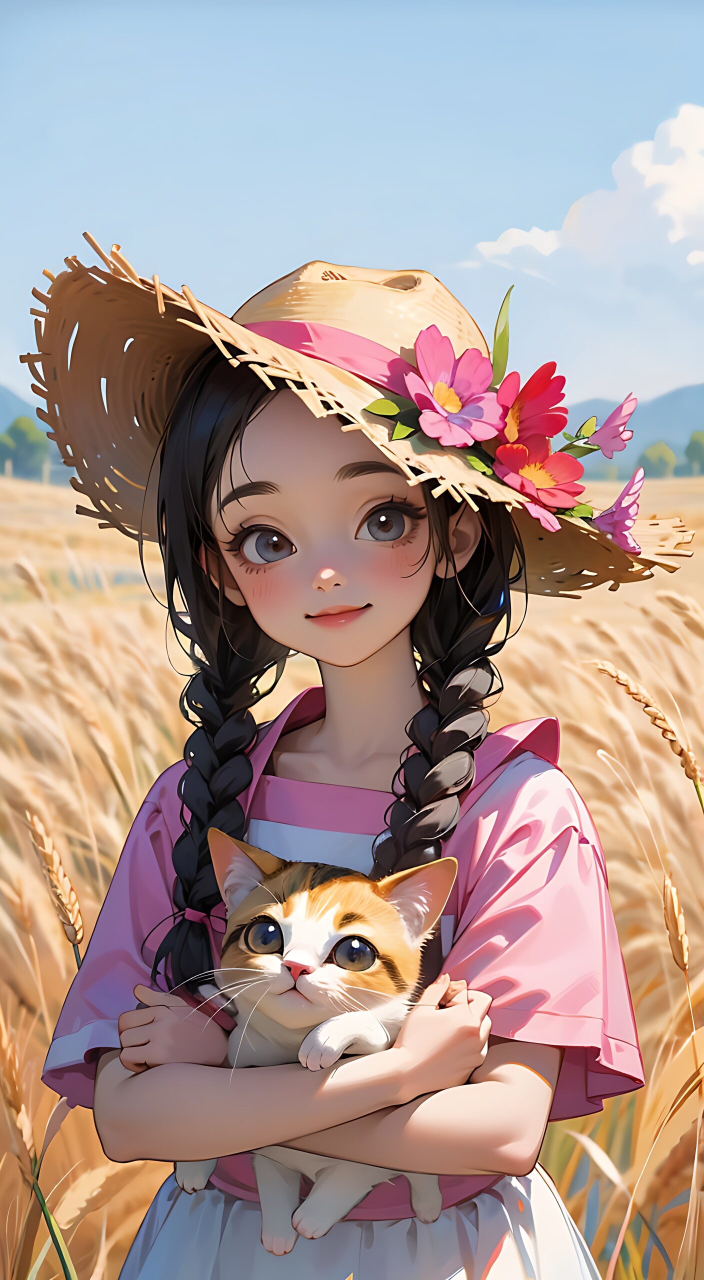 夏日麦田里的女孩,怀里抱着小猫咪,笑容甜美