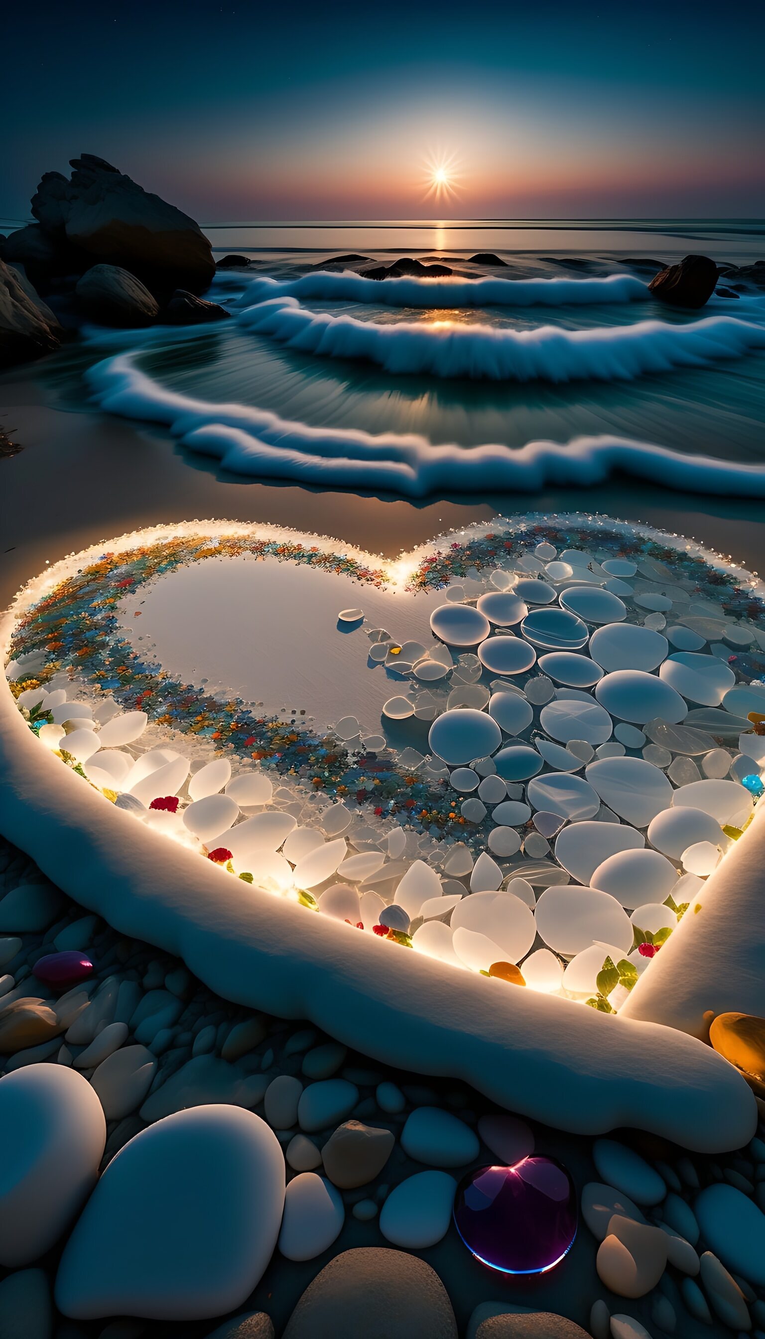 心形的海浪,爱在日落时被点亮