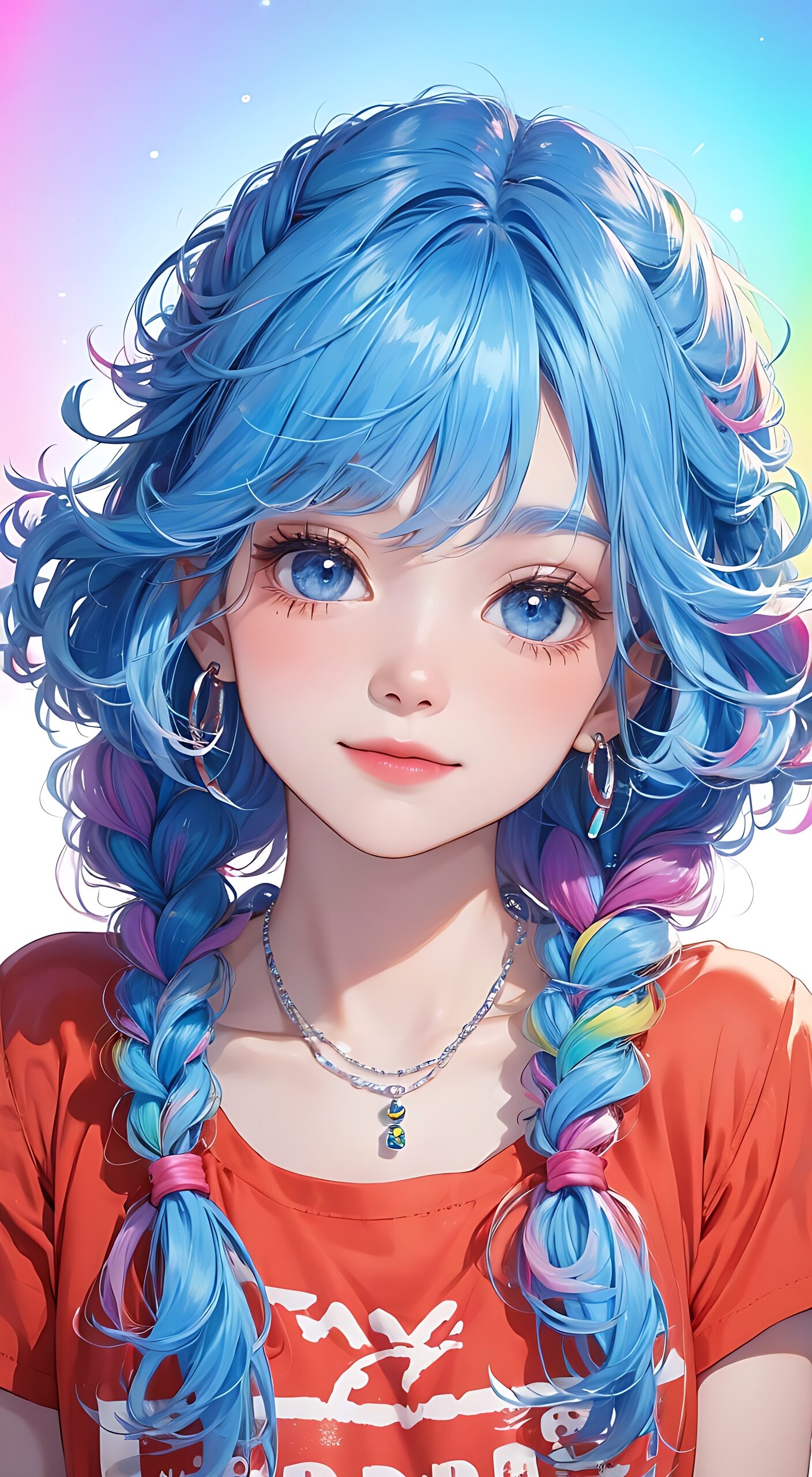 蓝发少女,双辫垂肩,橙衫清新,笑容甜美.