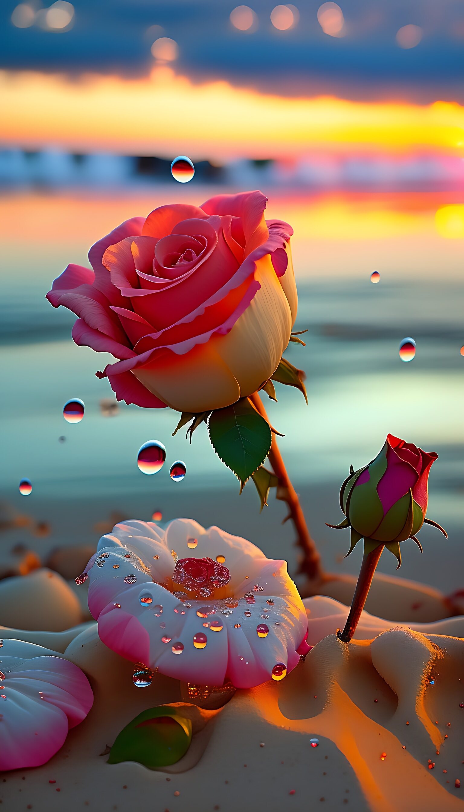 清晨的海边,一朵粉嫩的玫瑰在晨光中绽放,美得如此不真实