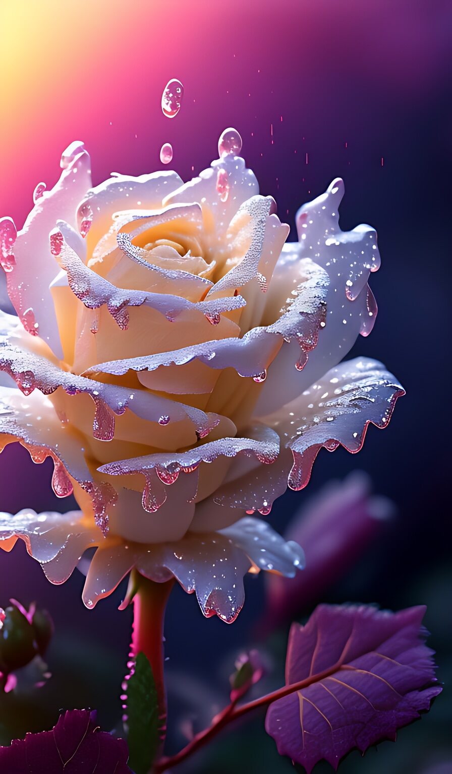 在春日的暖阳下,一朵白色与浅黄色交织的玫瑰静静绽放,花瓣上晶莹的