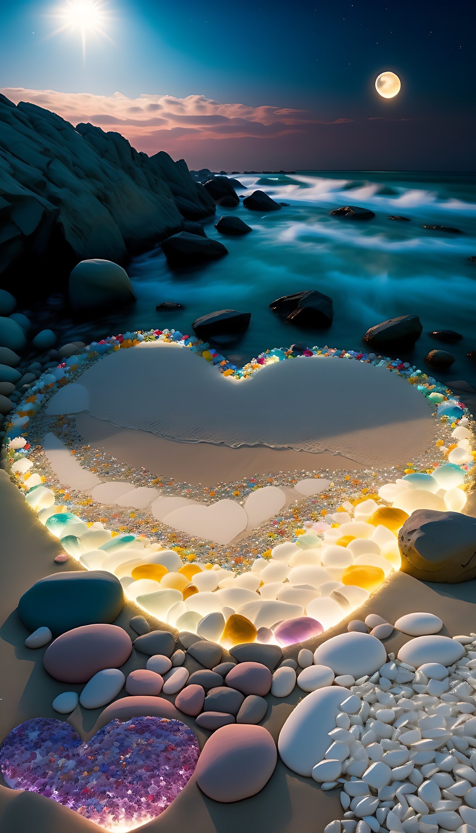 海浪轻抚着岸边,心形的鹅卵石诉说着浪漫的夜