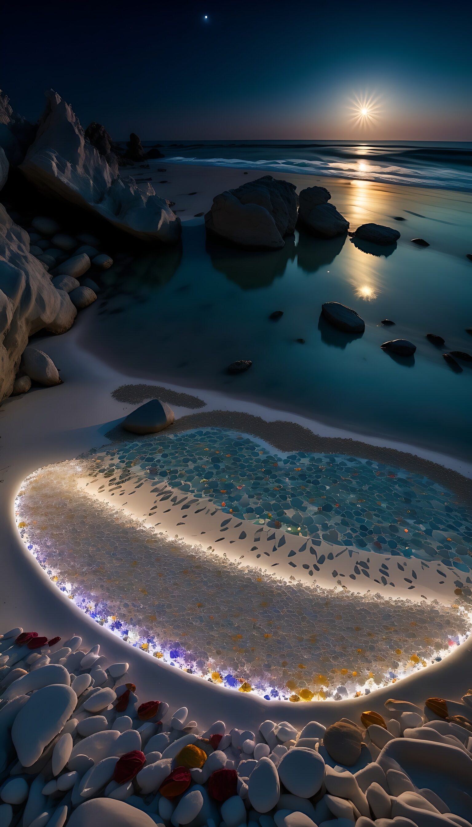 月亮下的海滨夜景,心形的鹅卵石在月光中闪耀,仿佛整个世界都温柔了