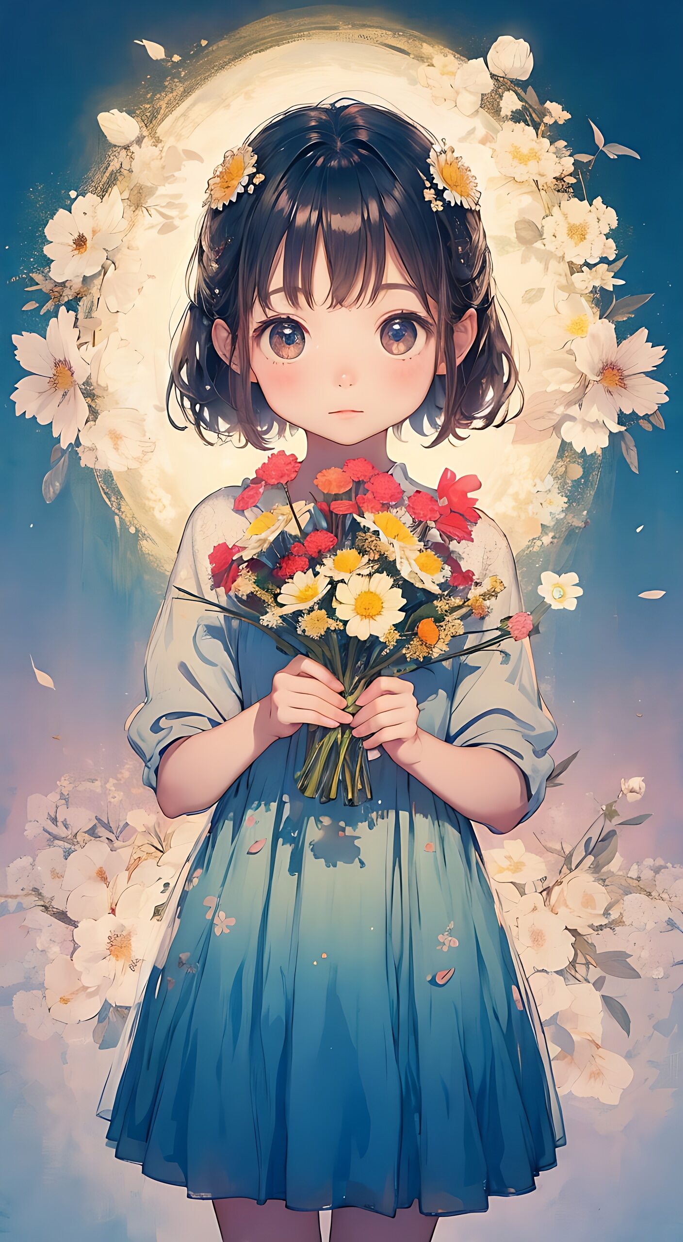 花环下的少女,手捧鲜花,眼里星辰大海