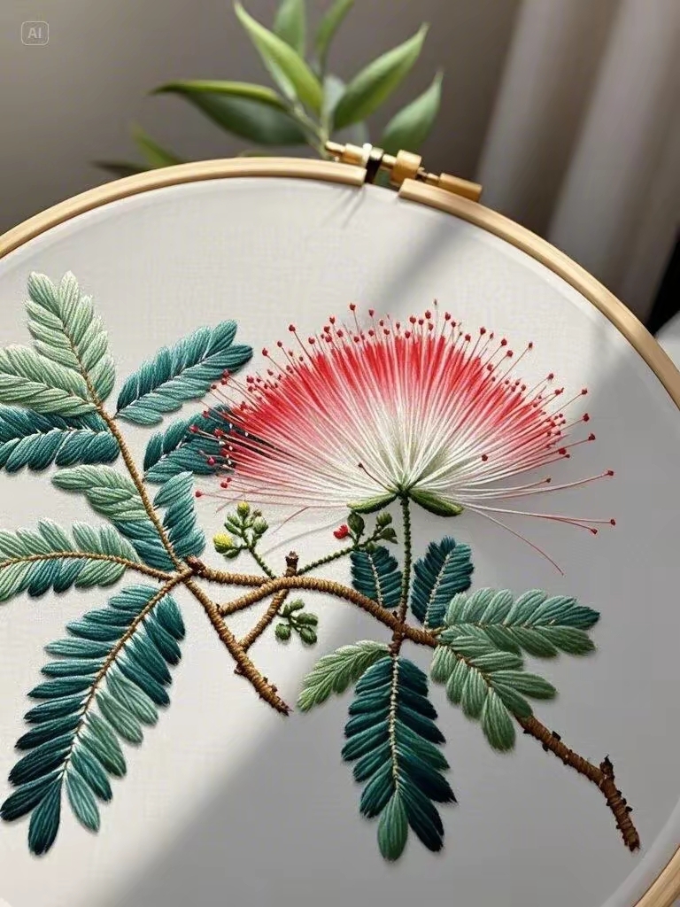 合欢花刺绣,这花也太美了吧!