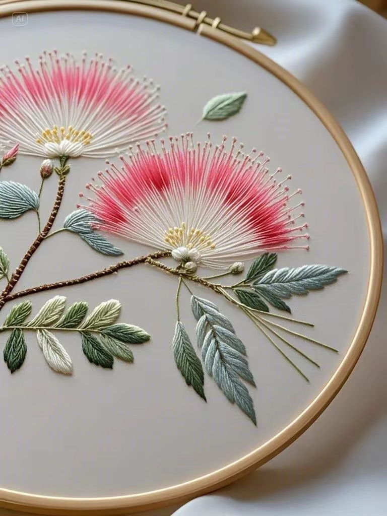 合欢花刺绣,这花也太美了吧!