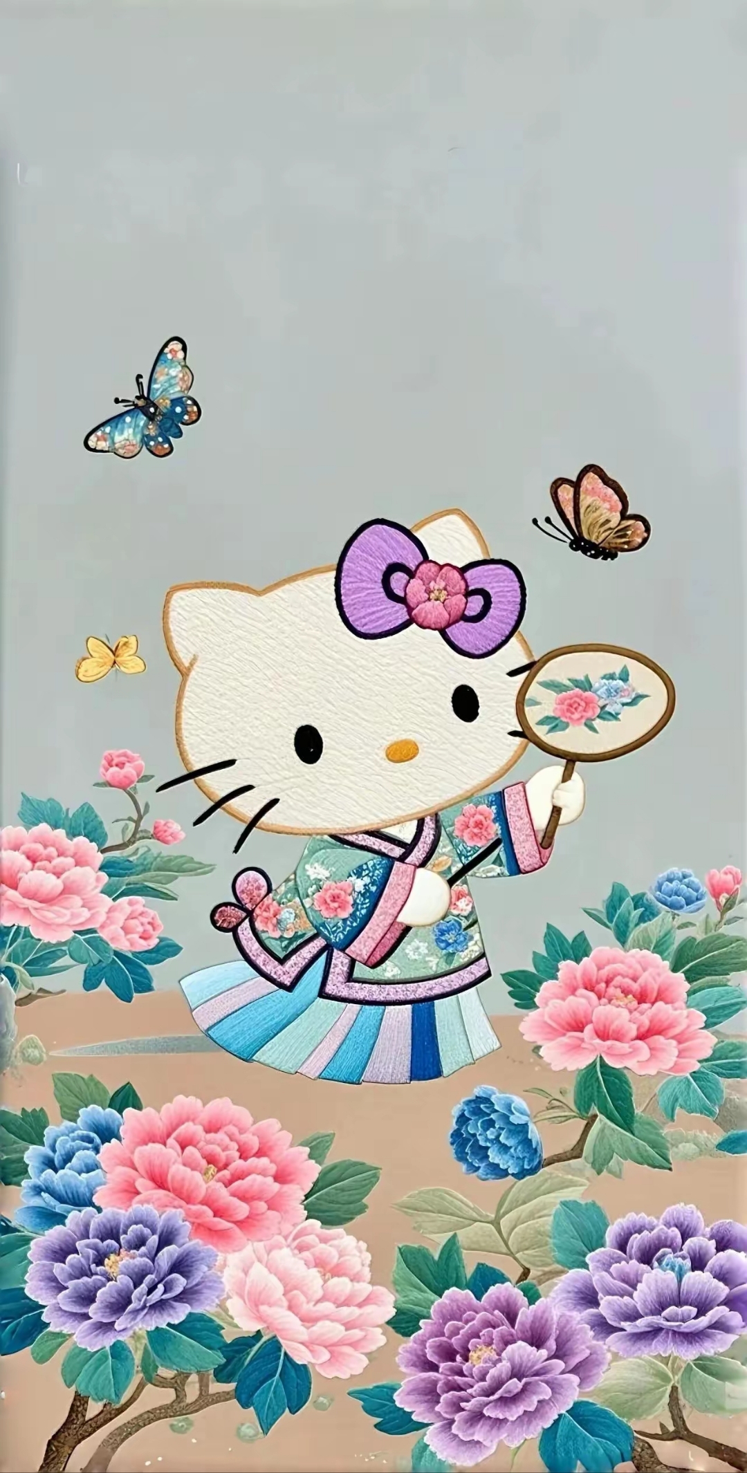 壁纸分享～hello kitty 穿越古典画风,手持团扇与蝴蝶