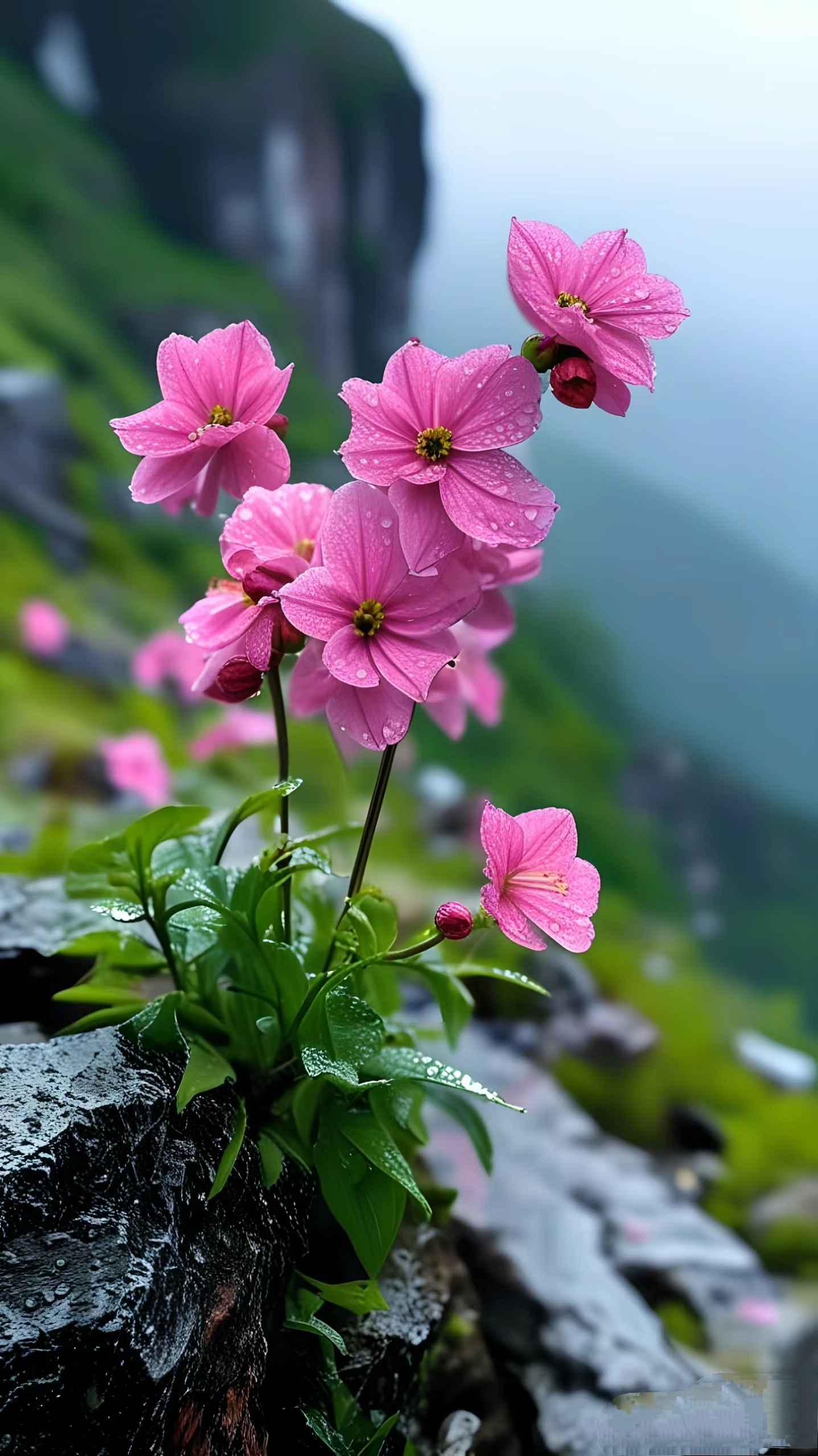 雨后山间粉花盛开