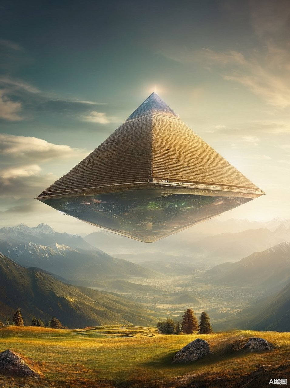 悬浮的金字塔,超越时空的奇迹,在山峦与草地的见证下,诉说着古老的