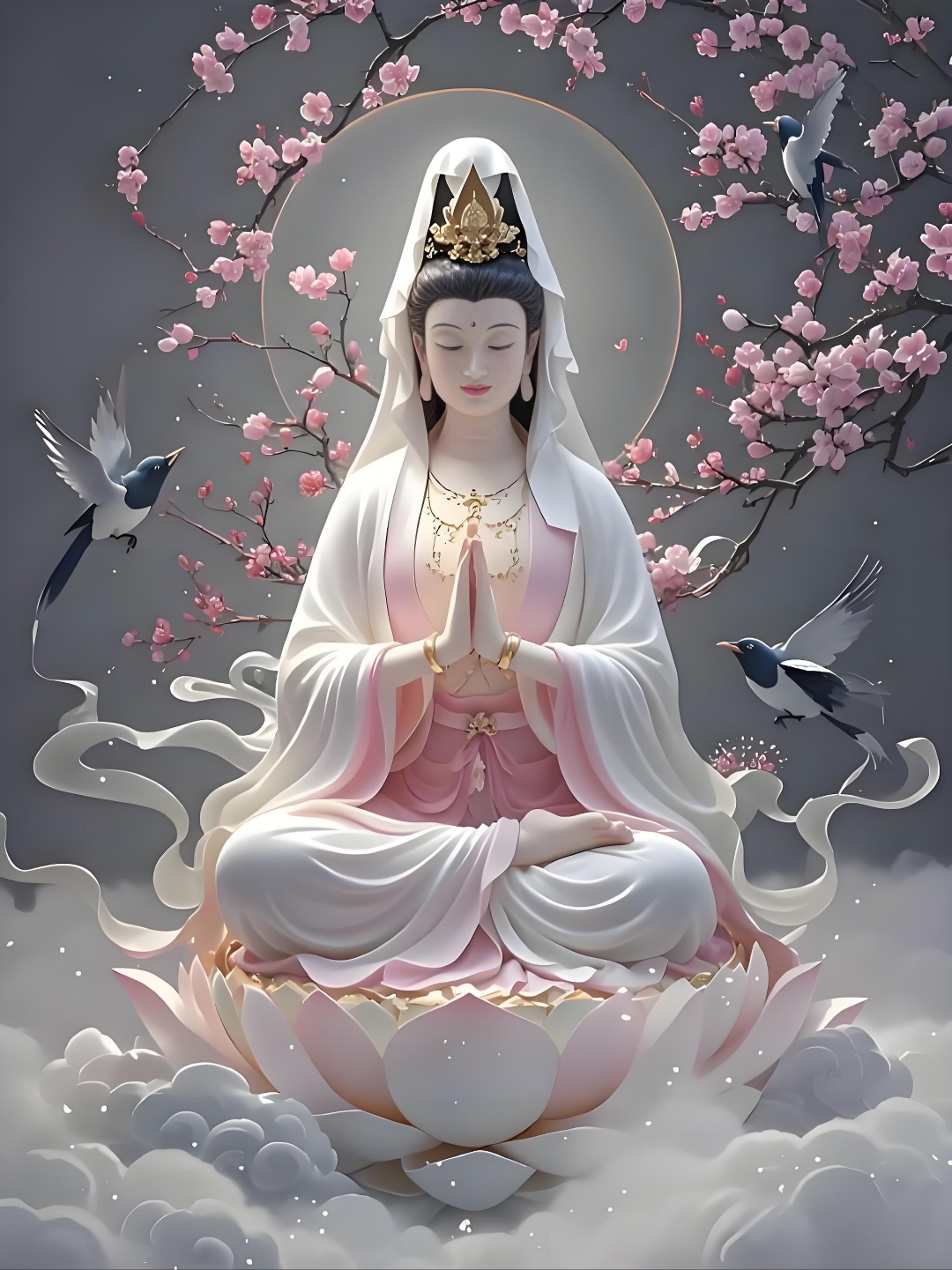 观音菩萨坐莲台上,身边飞鸟相伴,樱花树下显圣,保佑人间平安