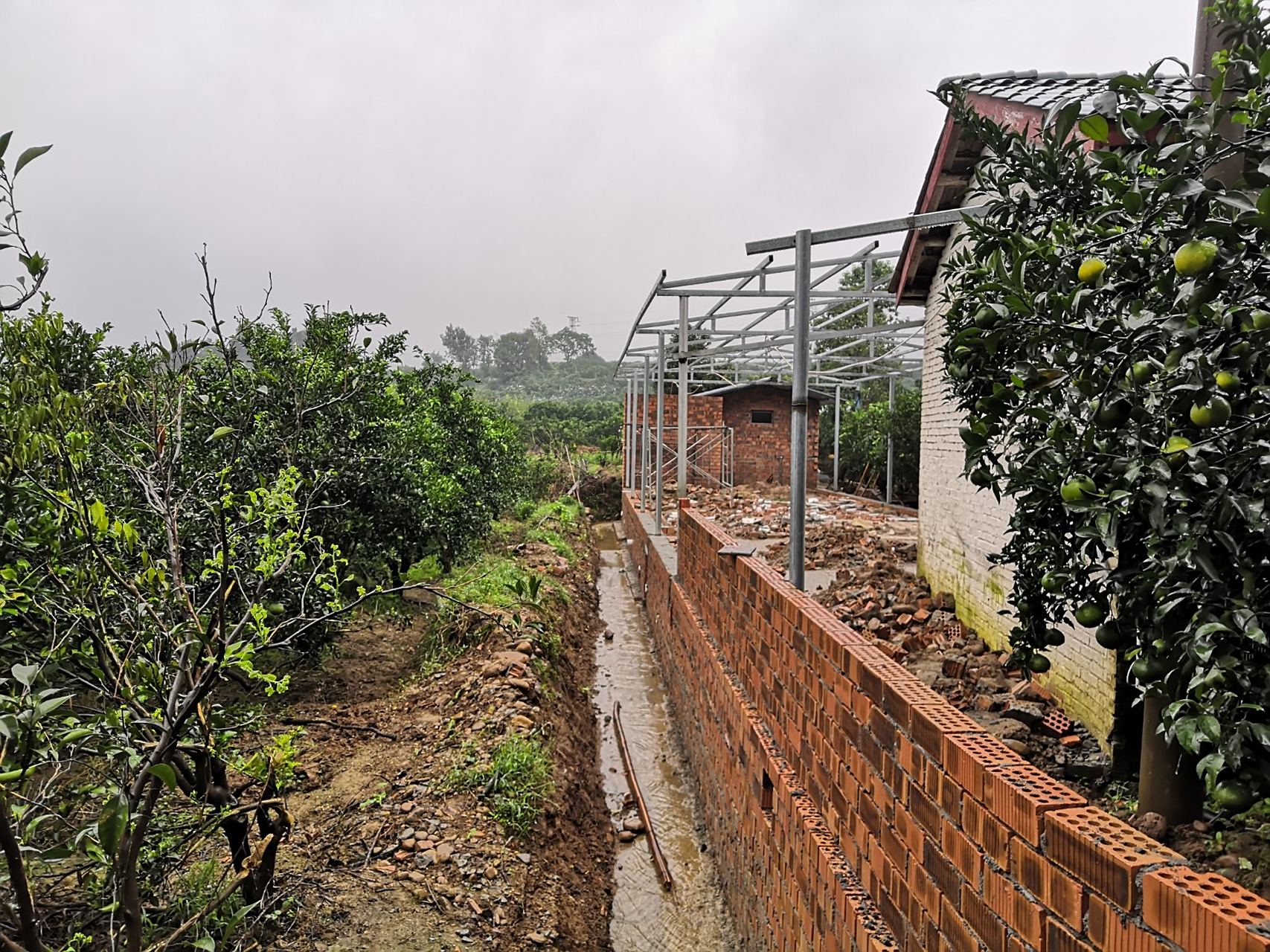 蒲江县鹤山镇金马村田园居农家乐,沟边上新修的围墙因影响排洪被冲倒