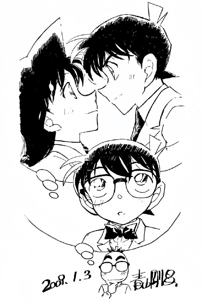 名侦探柯南# 青山刚昌签绘 新一&小兰 柯南&小兰
