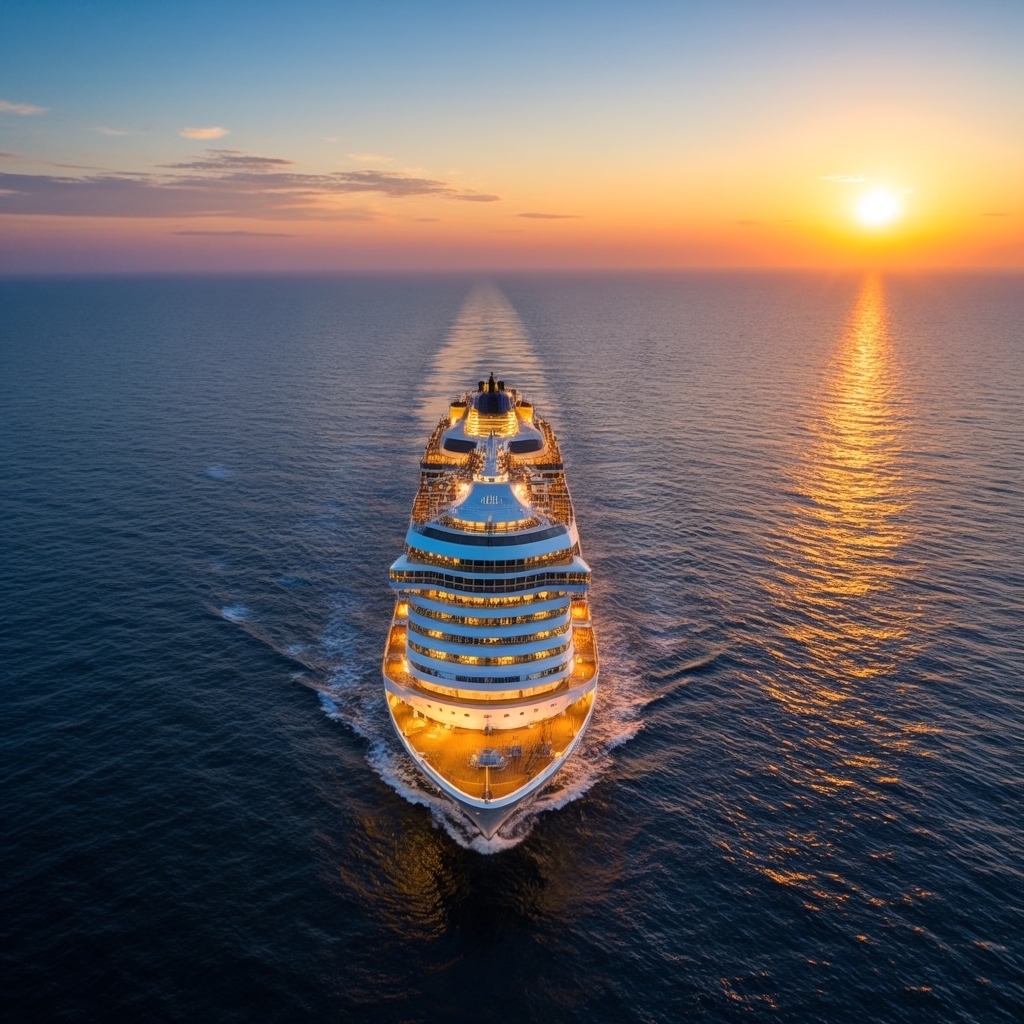 七层甲板的白色巨轮正切开绸缎般的波浪,船船舷两侧的舷窗逐一亮起,像