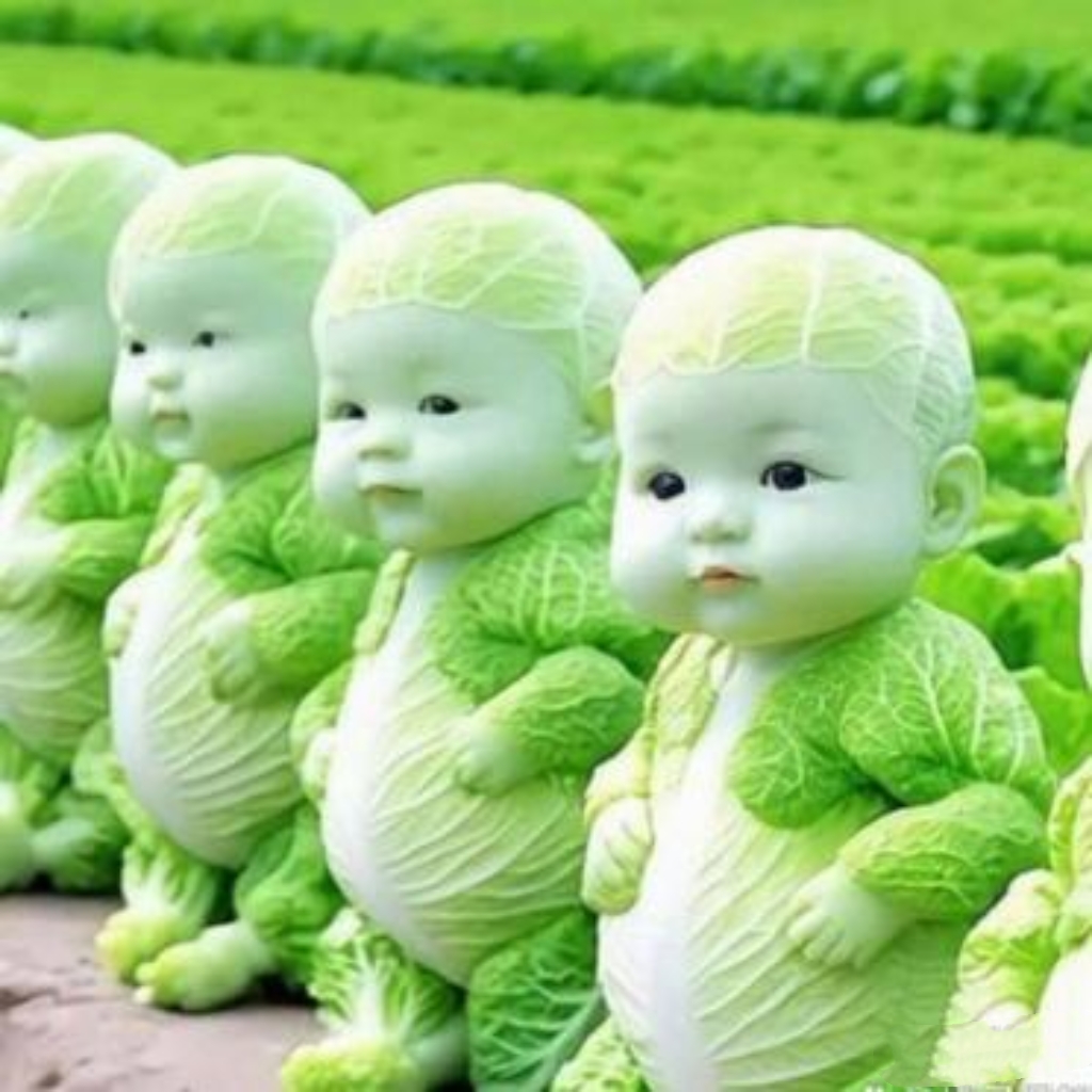 竟将白菜变成这样有趣的样子,白菜孩子站在那守着菜地,可爱又神奇,让