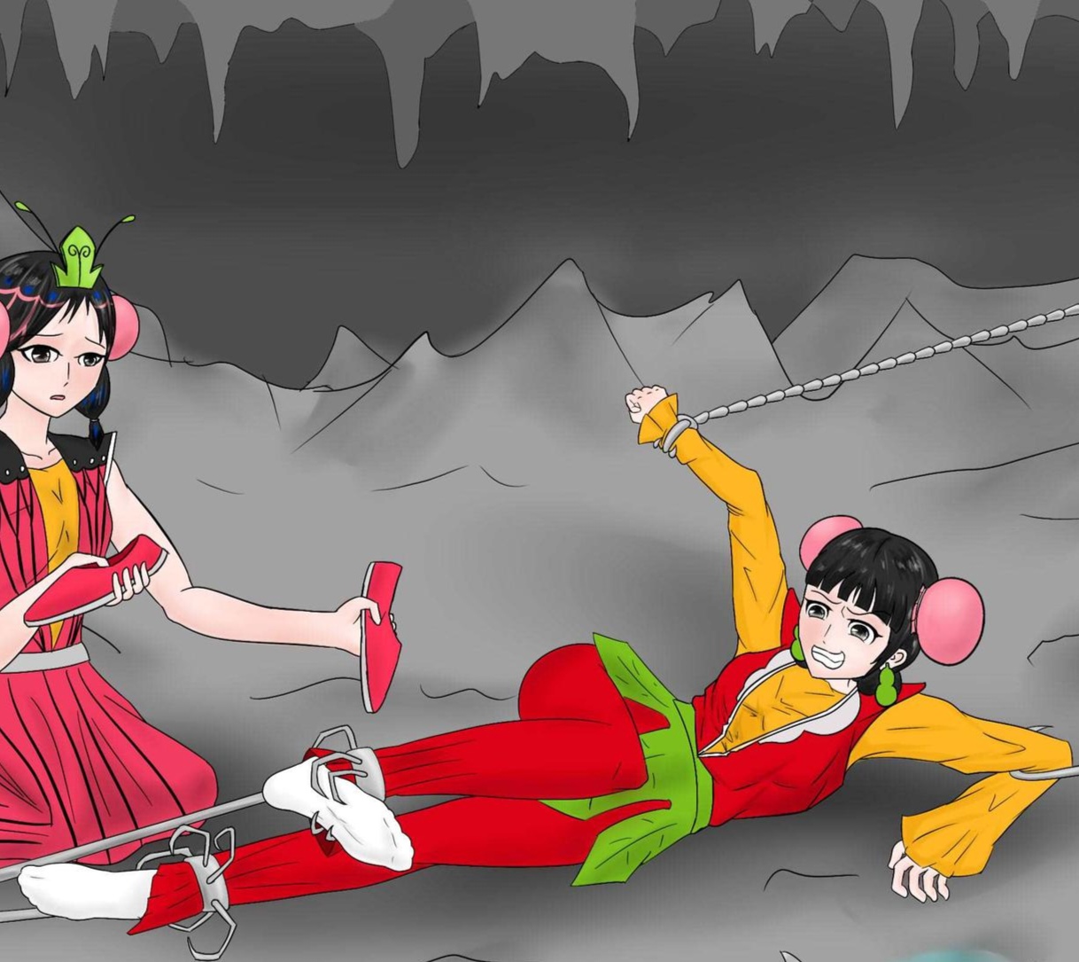 在葫芦金刚妹与蛇精和小蝴蝶的智慧与敏捷较量中,一场突如其来的搔痒