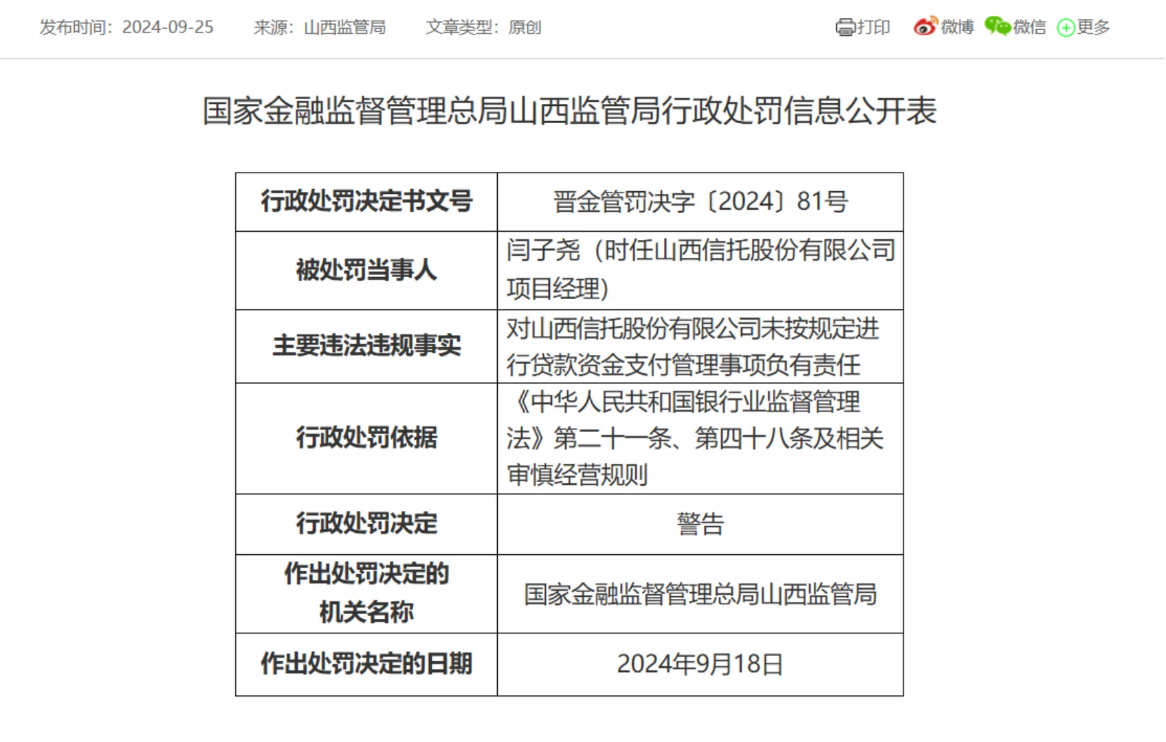 因未按规定进行贷款资金支付管理等原因,山西信托股份有限公司(以下