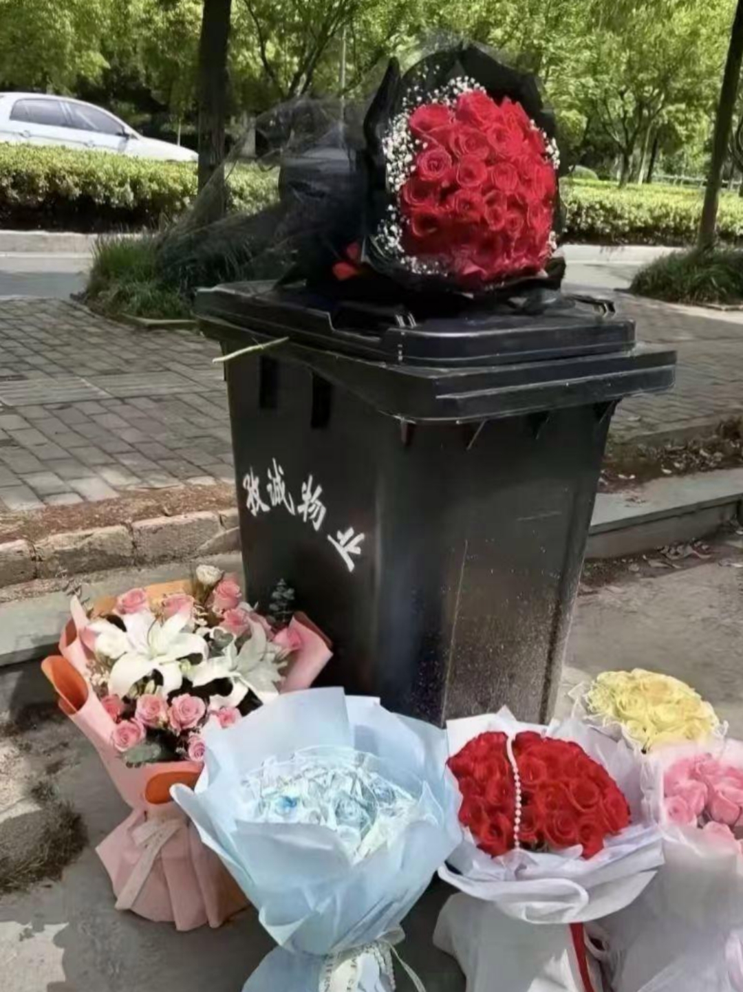 花被丢弃的图片垃圾桶捡钱图片高清情人节礼物丢掉的图片扔垃圾桶玫瑰