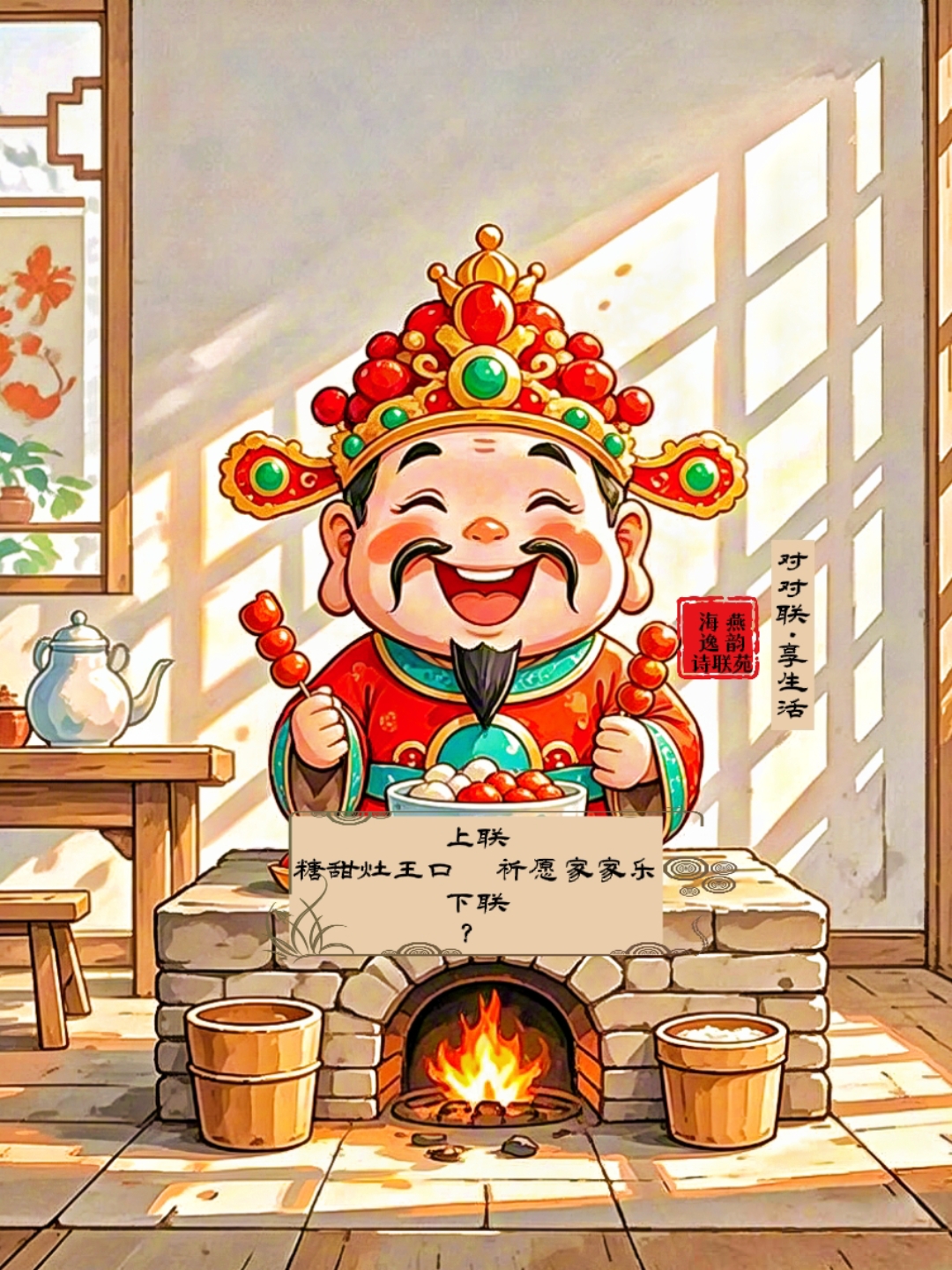 下联:静候您来添彩 对对联·享生活〡今日北方小年,吃灶糖,祭灶王