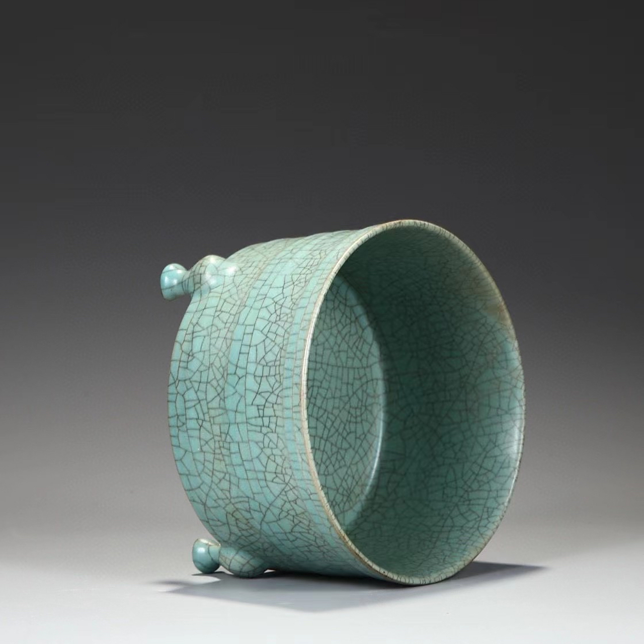 旧藏 北宋 汝窑天青釉三足弦纹大洗"乾隆御题" 尺寸:高12 #盘盘老物件