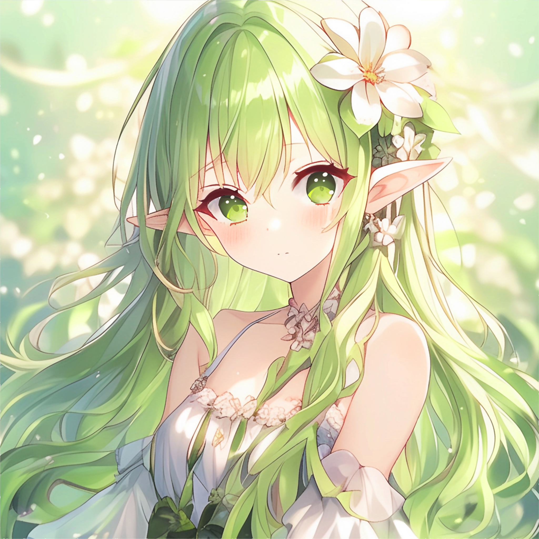 这仙女般的精灵女孩,绿发如瀑,眼含星辰,仿佛从森林深处走来,带着大