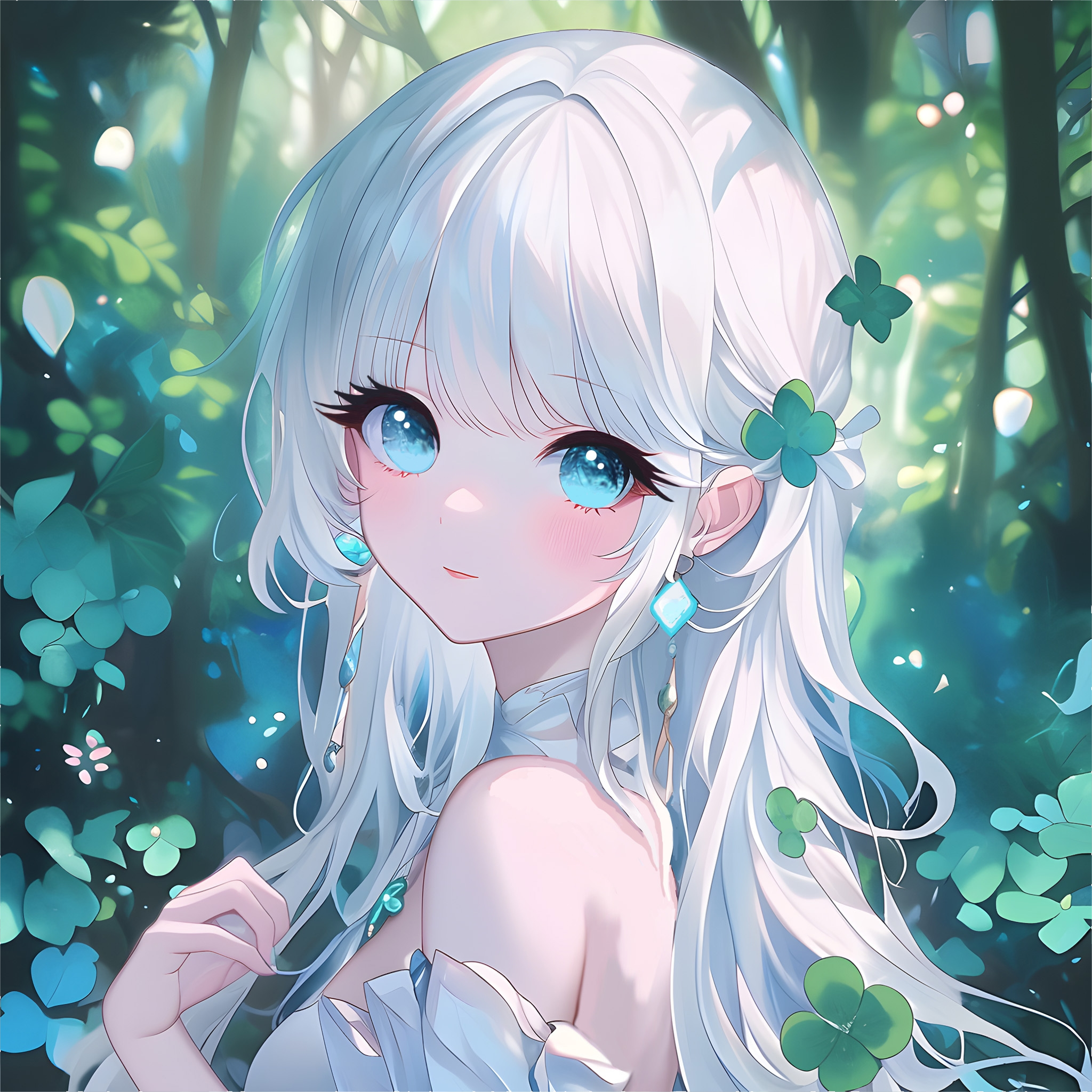 森林中的精灵,白发的梦幻女孩,四叶草耳环闪耀着,仿佛从童话中走出