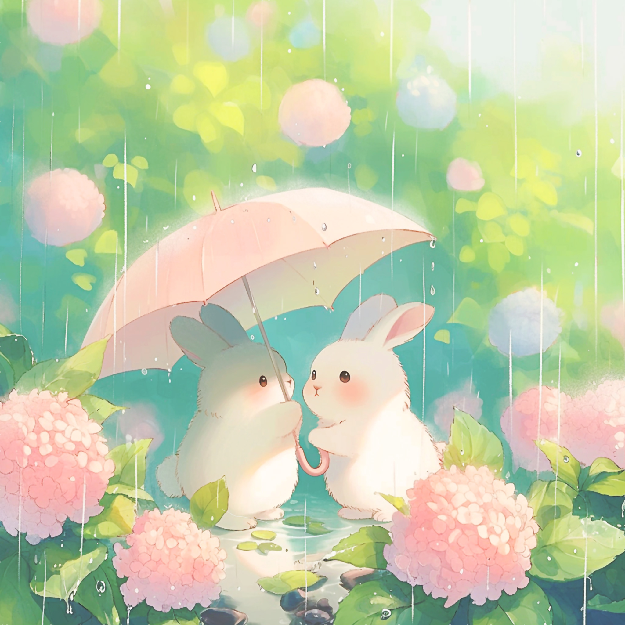 雨中漫步,伞下相依,两只小白兔的浪漫雨景,粉红花瓣间透出温馨