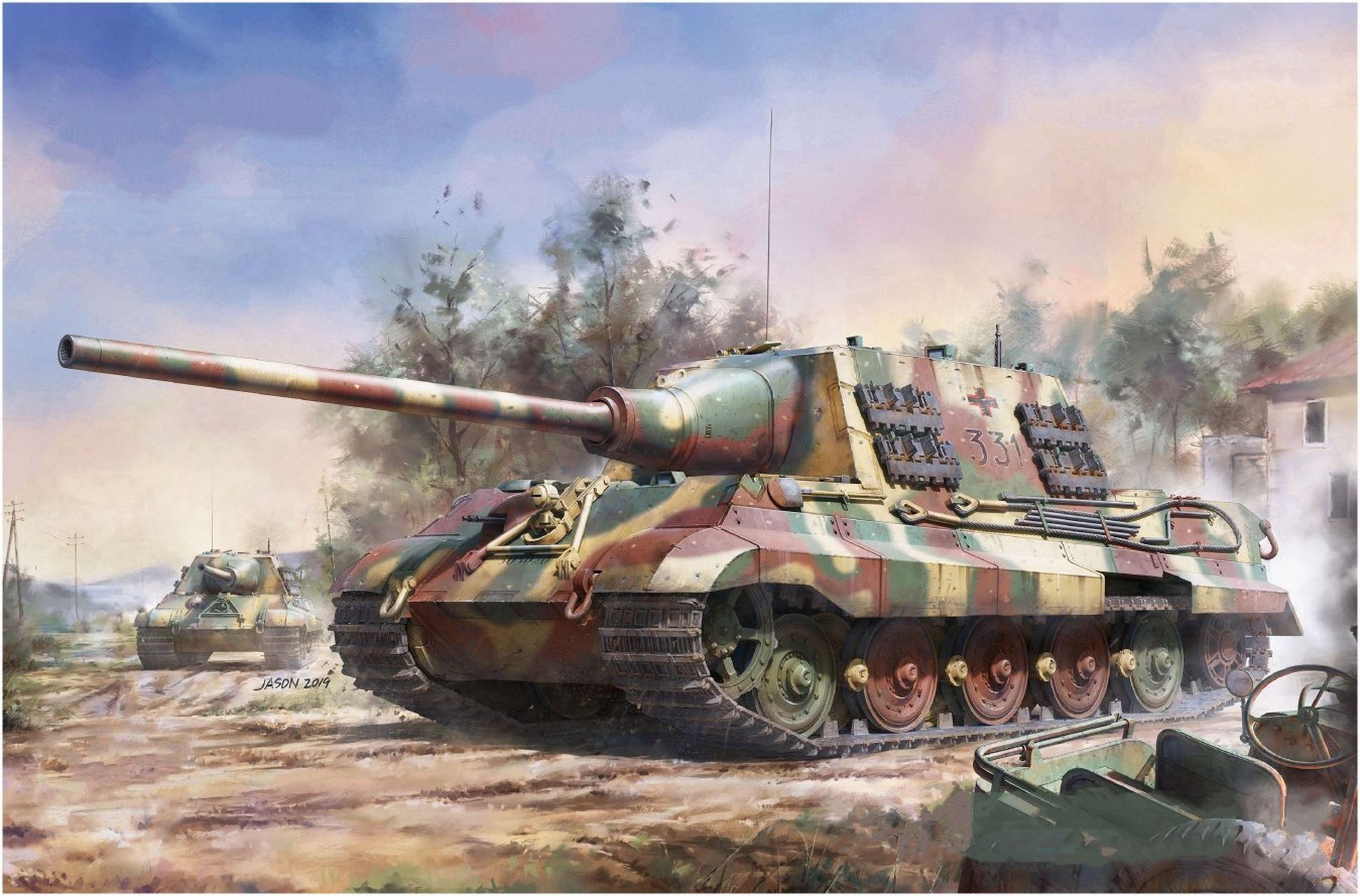 二战"猎虎"重型坦克歼击车的彩色艺术画(猎虎的彩照实在是少之又少)