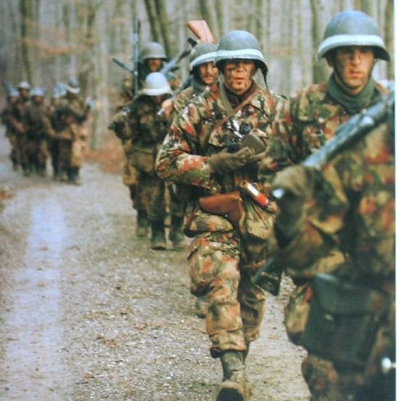 林间行军的瑞士步兵,身着m83"alpenflage"迷彩服.