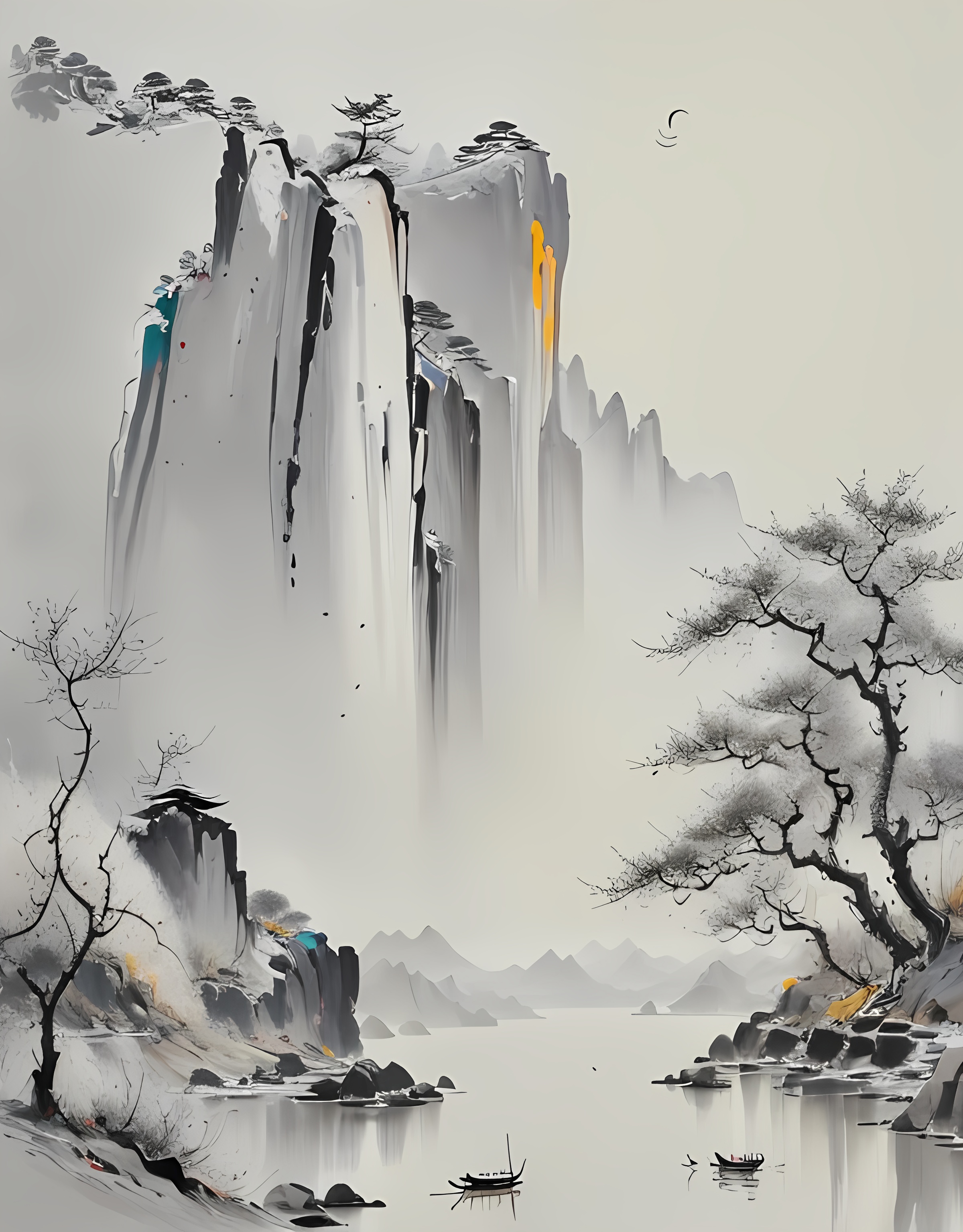 中国风画作,山峰叠翠,瀑布如丝.