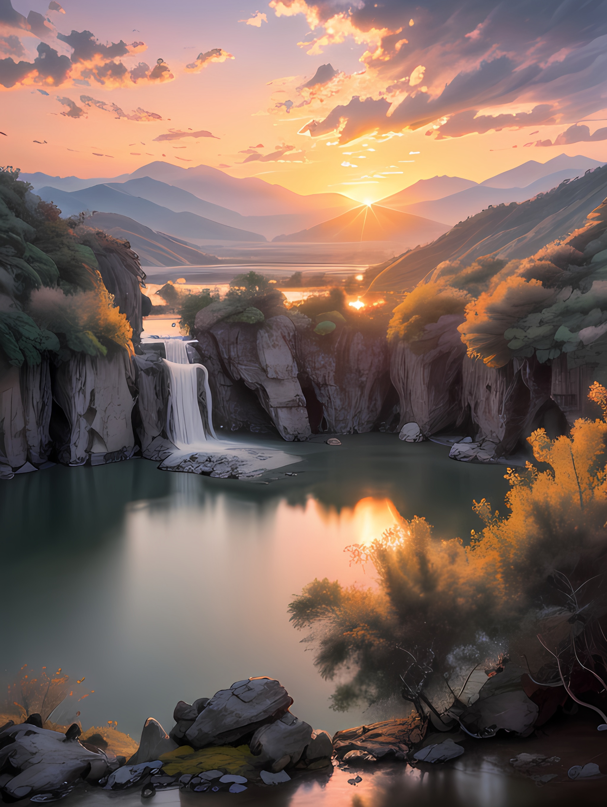 瀑布从高山之巅飞流直下,如同一首壮丽的交响曲,水花四溅,跌入山脚下