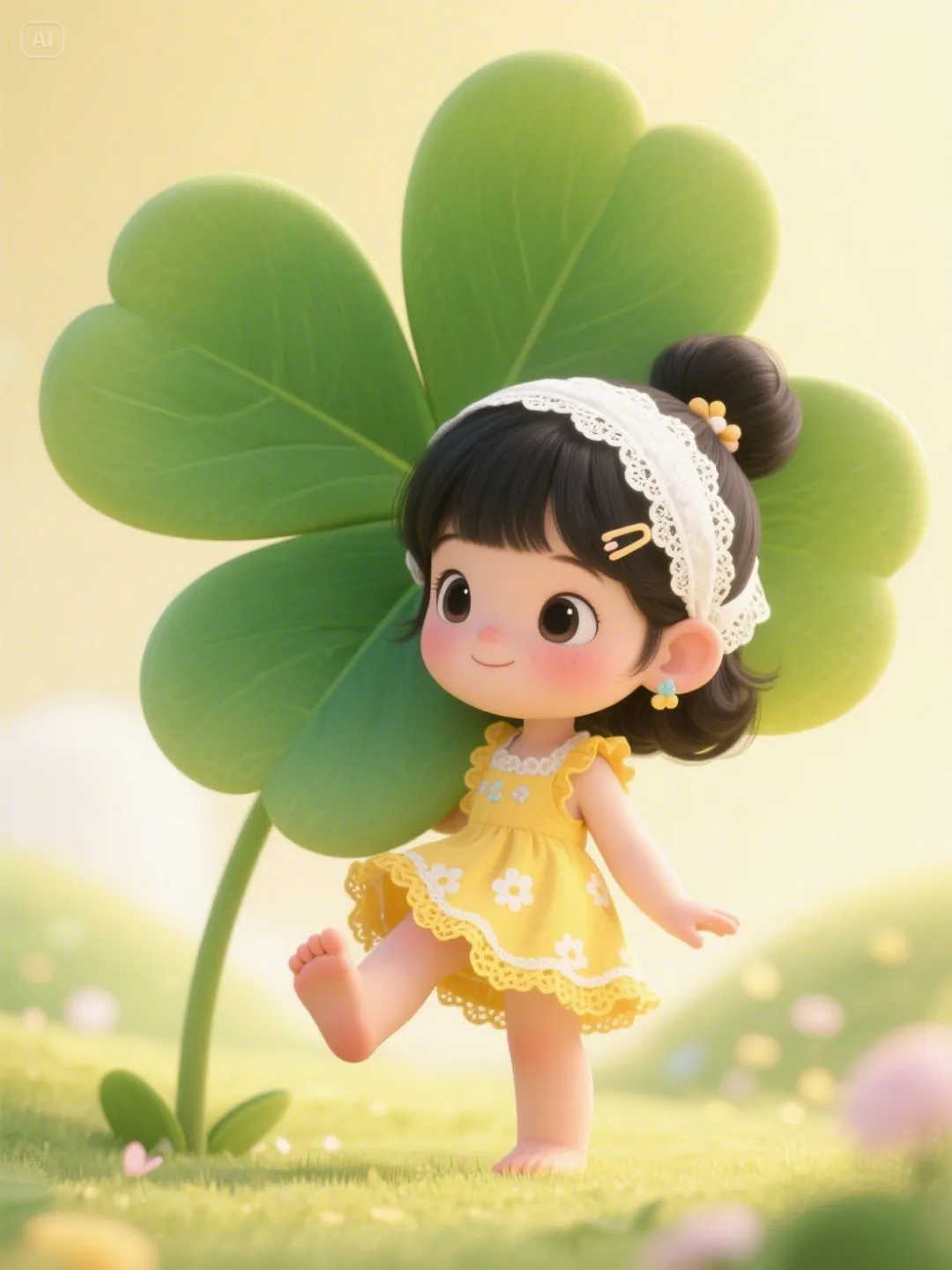 "在四叶草的幸运庇护下,小女孩的笑容如同春日暖阳般温暖人心