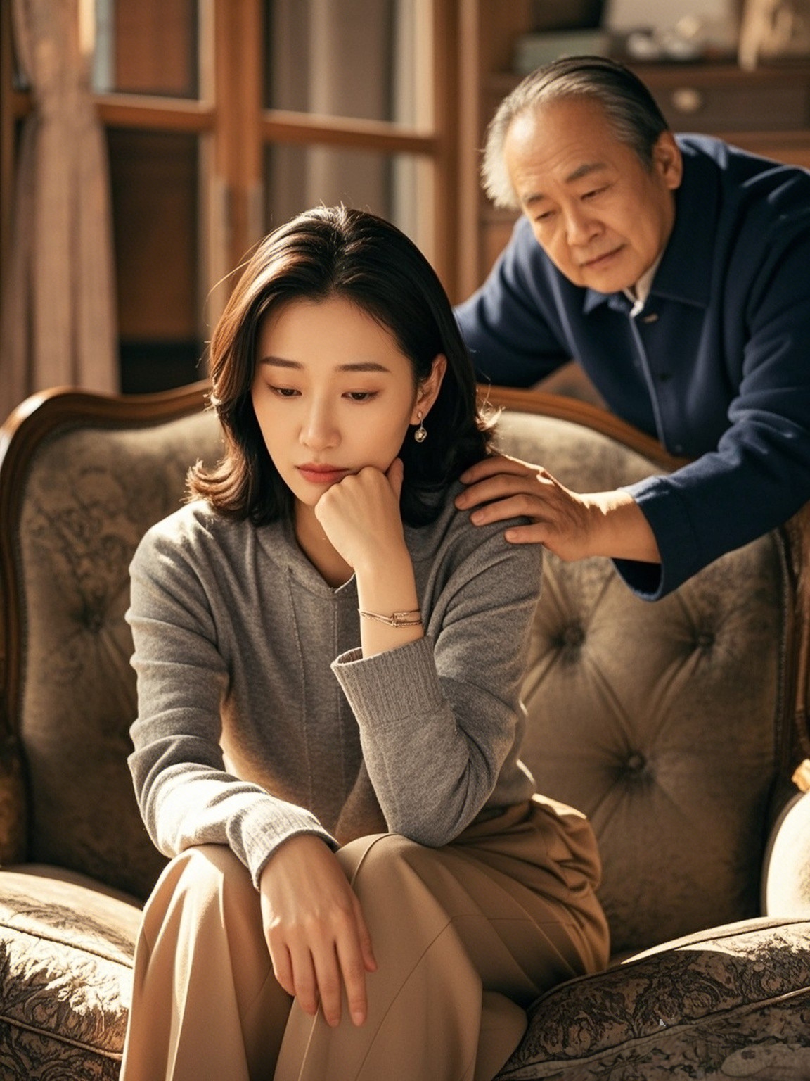 动态连更挑战# 一位老者将手轻柔地搭在一位年轻女士肩头,似在安慰