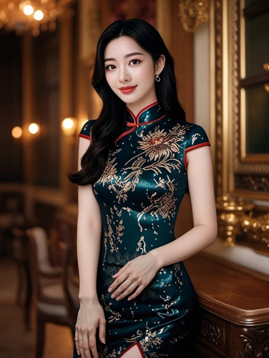 一位少妇身着典雅的旗袍,轻移莲步