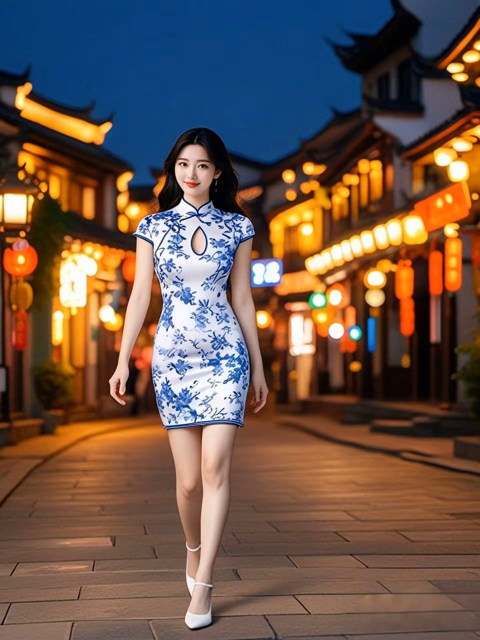 漫步夜色中的古韵小巷,旗袍美人优雅前行