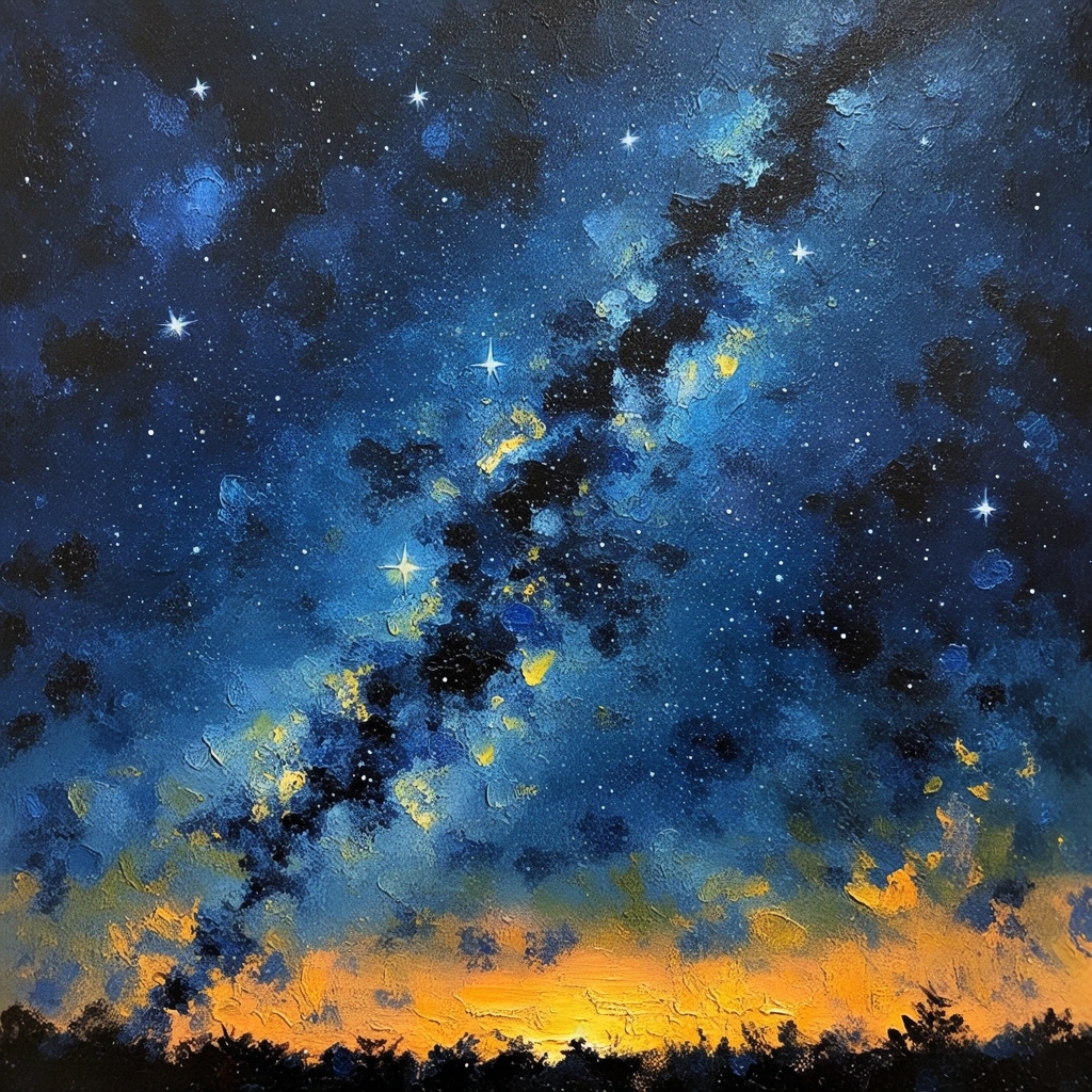 深蓝夜幕如天鹅绒般铺展,笔触堆叠出银河的肌理