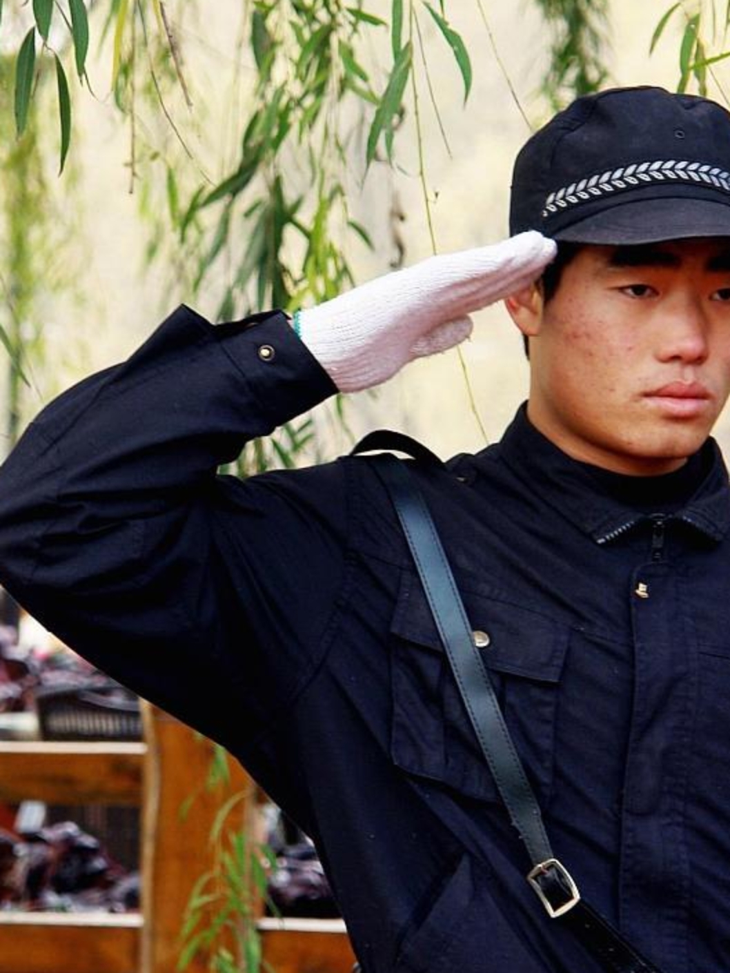 一位正在敬礼的警察形象,瞬间传递出职业精神和尊重的姿态.