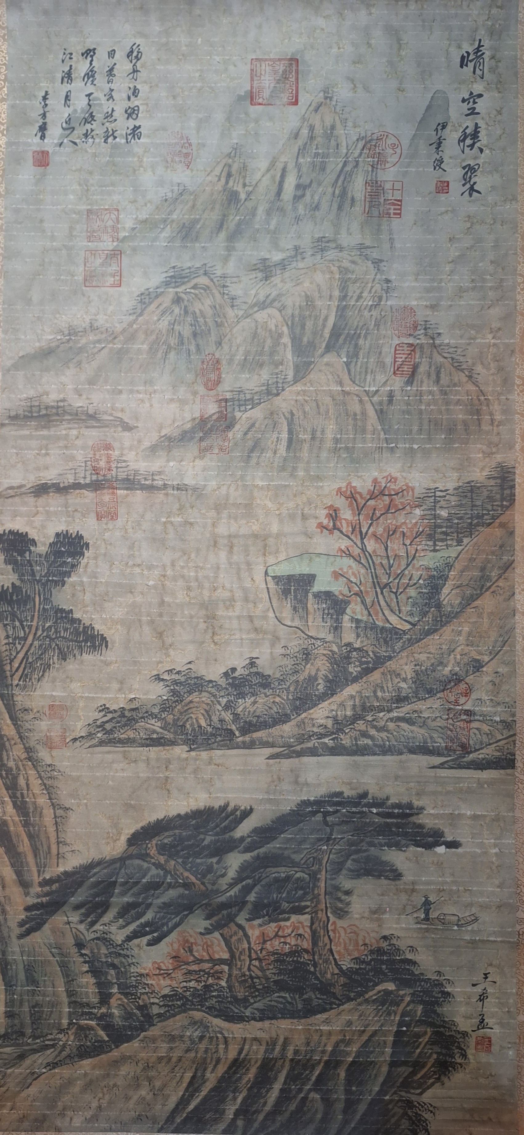 北宋晚期著名画家王希孟山水楼阁人物图挂轴画,纵130厘米横65厘米