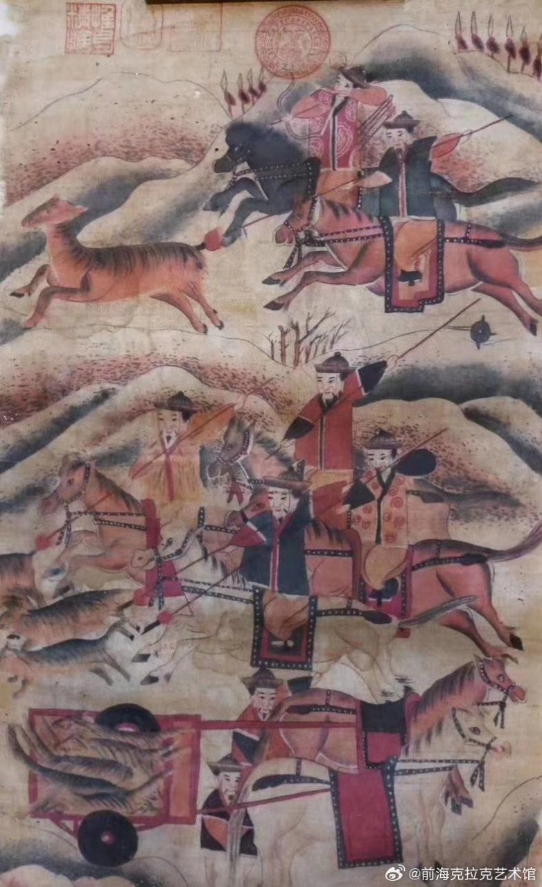 辽代麻布矿物质画皇宫贵族狩猎图,非常珍贵!独一无二!孤品!