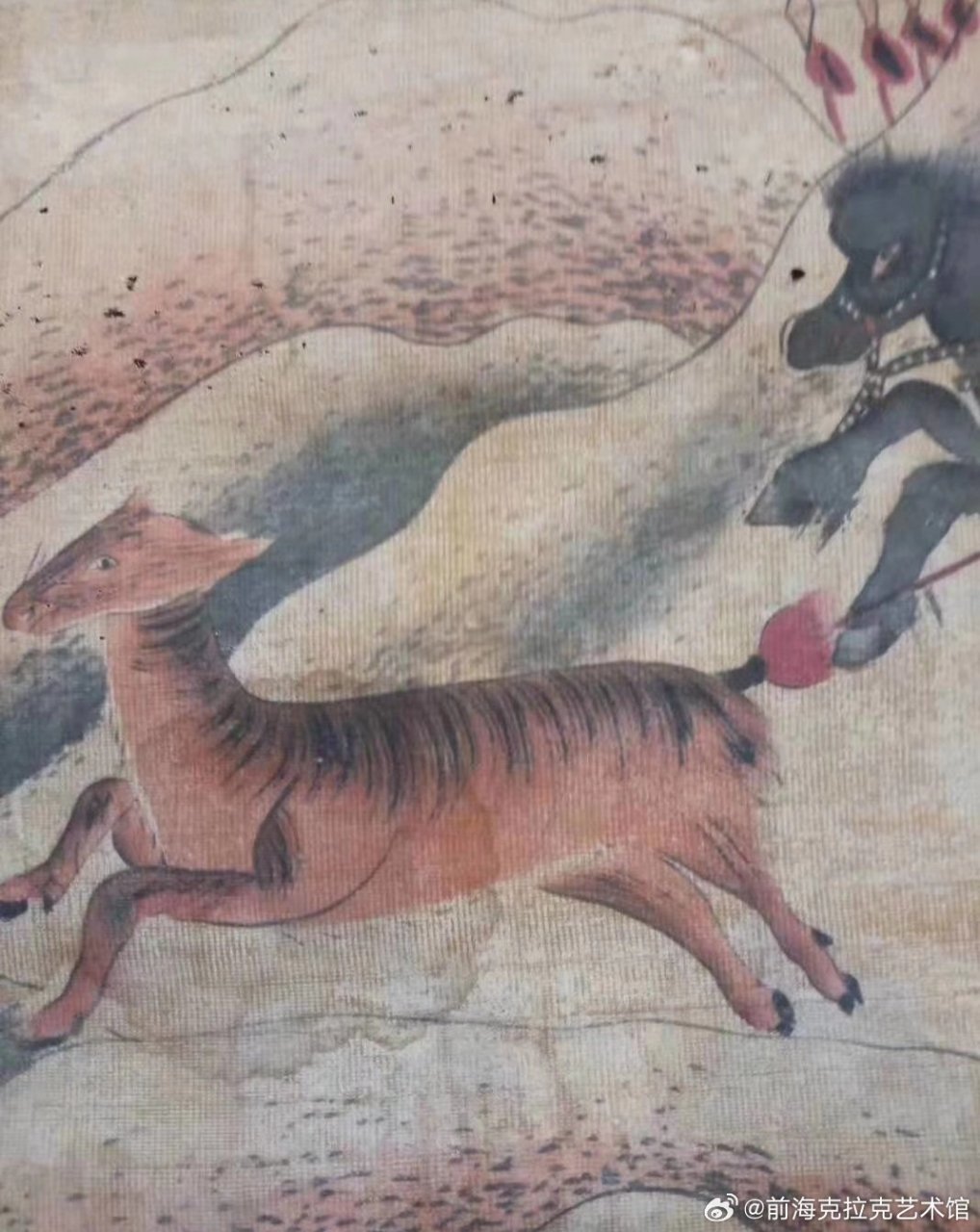 辽代麻布矿物质画皇宫贵族狩猎图,非常珍贵!独一无二!孤品!