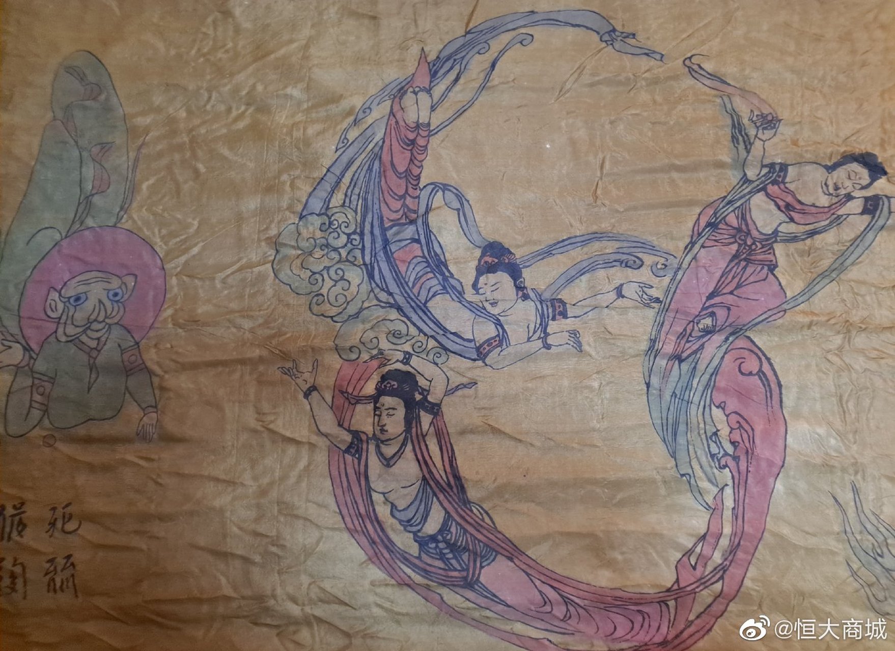 辽代契丹文仙女下凡人物故事纹丝绸麻布长画!