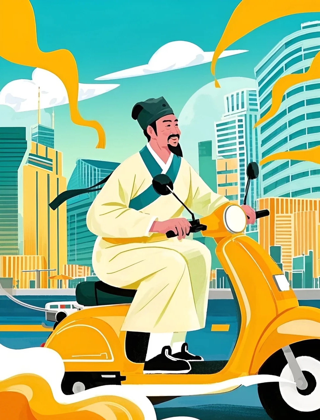 传统电瓶车的卡通插画