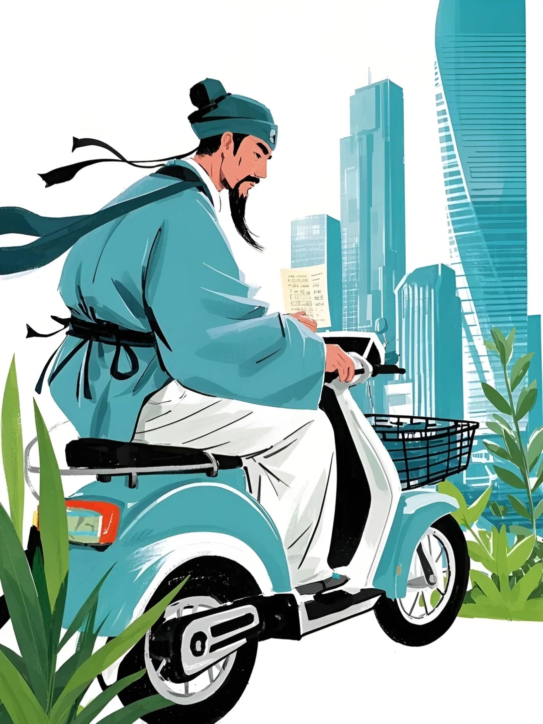 传统电瓶车的卡通插画