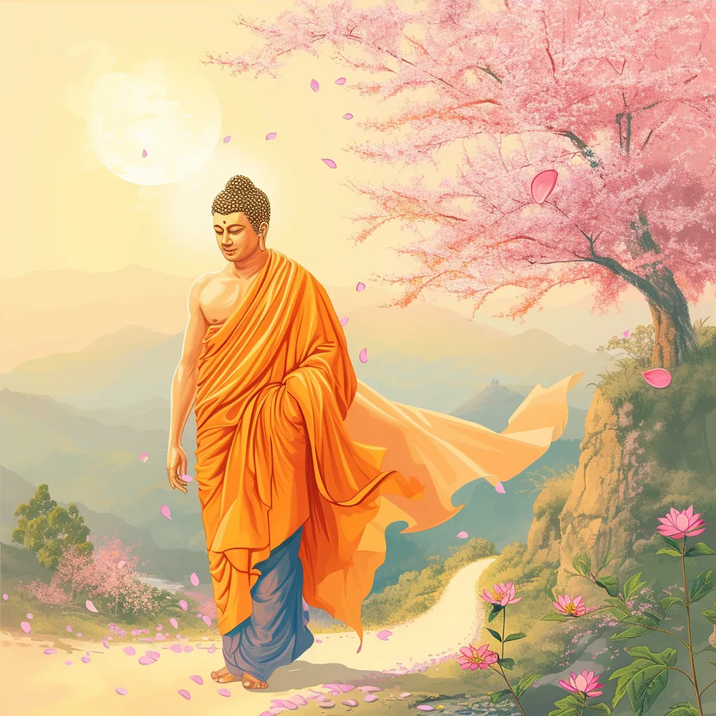 背后,一片粉红色的樱花树摇曳生姿,粉色花瓣随风飘落,仿佛为佛陀铺设