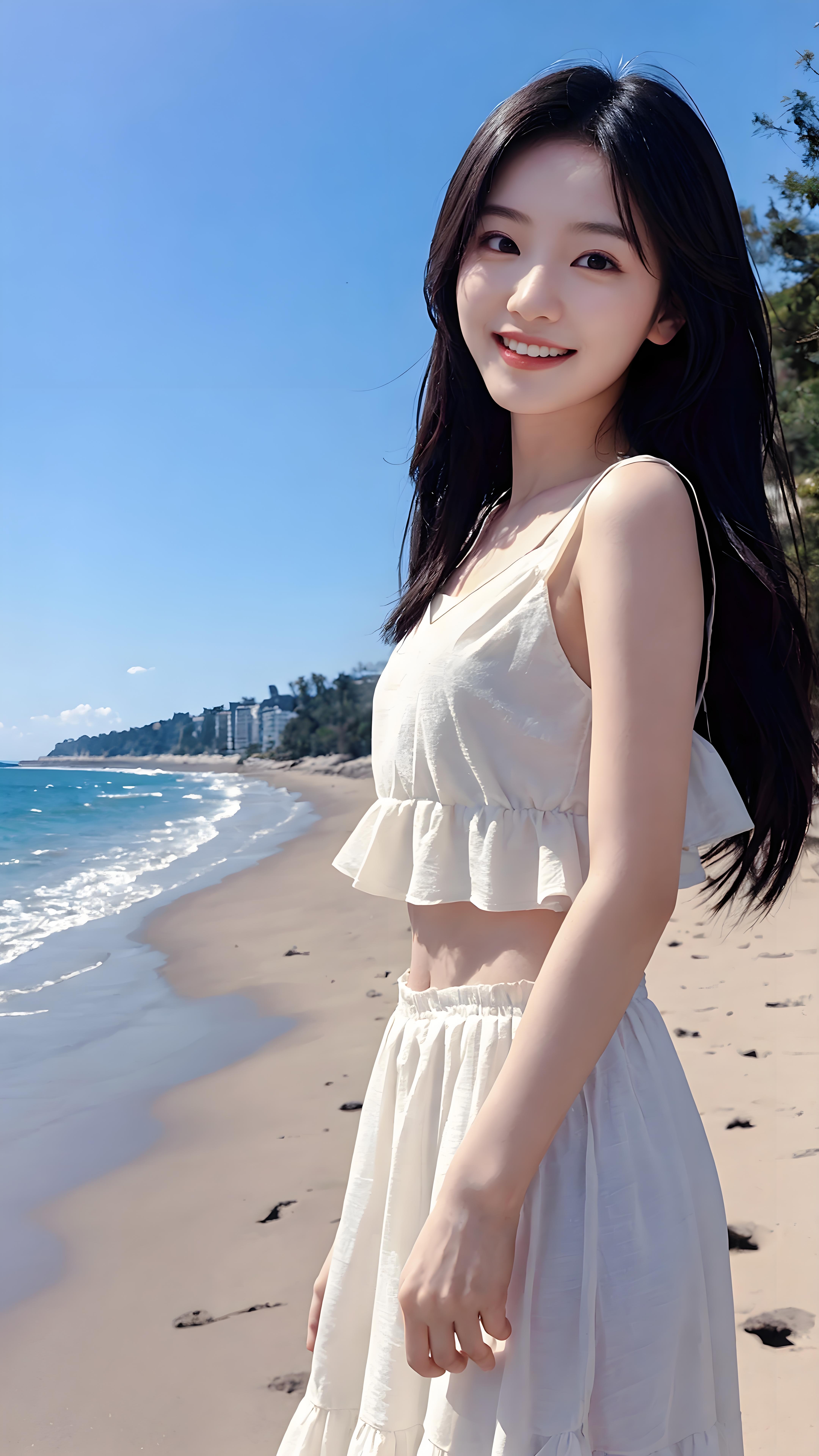 阳光下的她,身穿吊带裙,仿佛夏日的一抹清凉